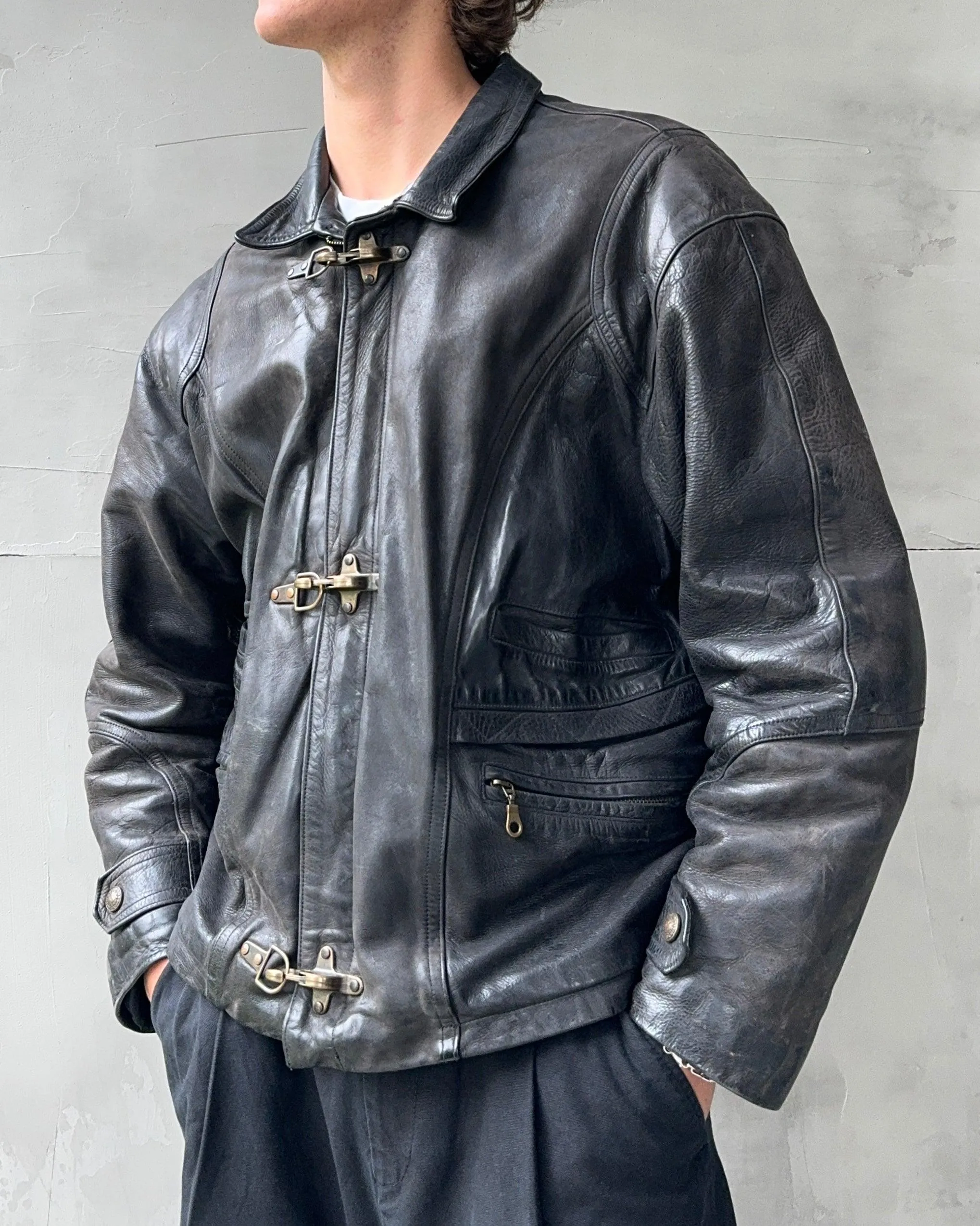 1980'S Leather Jacket with Fireman Clasp - Size L