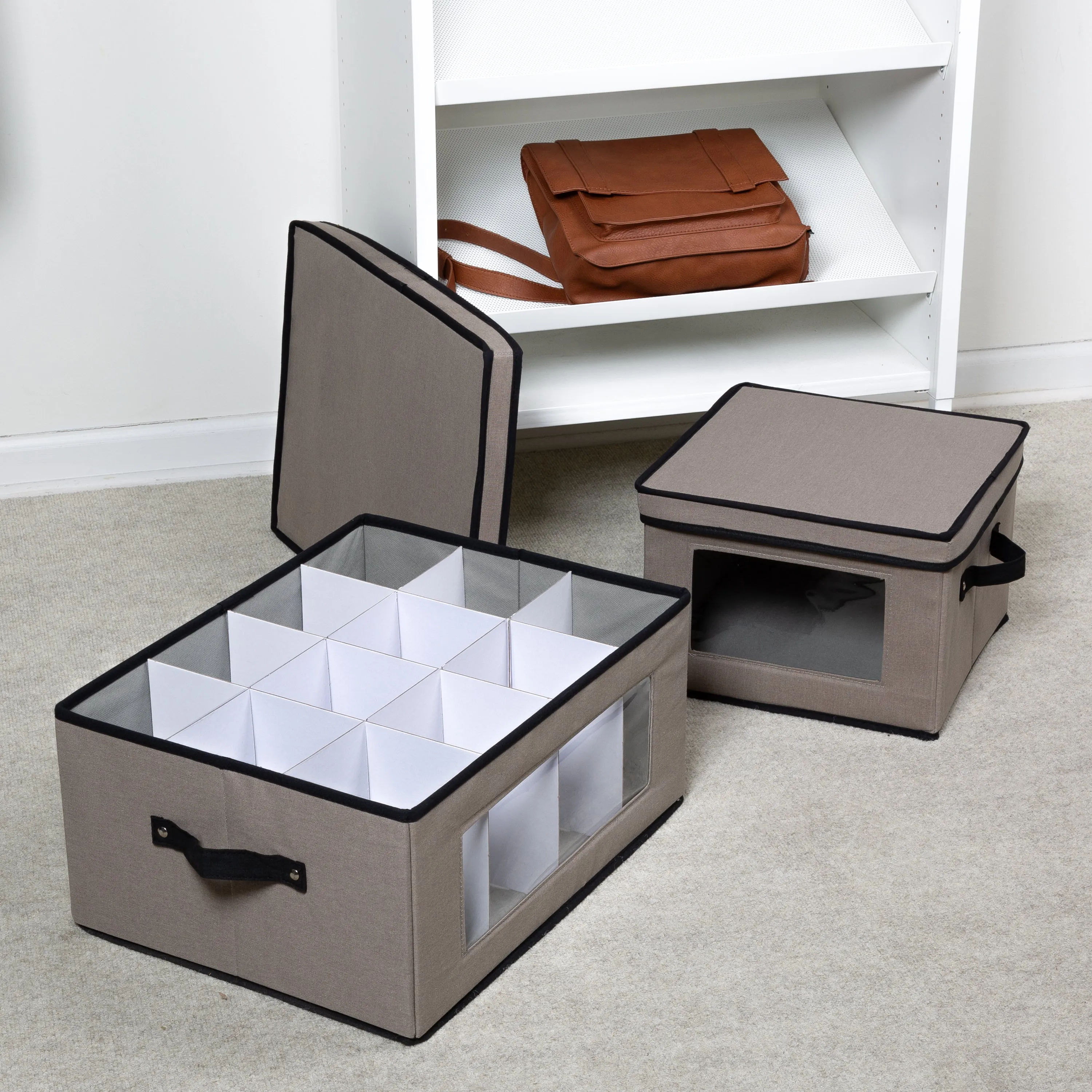 2-Pack Gray Fabric Closet Storage Box with Lid, Clear-View Window, and Removable Dividers