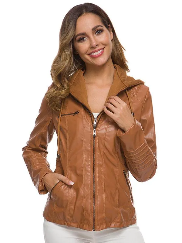 2024 Women's PU Leather Hooded Spring Jacket Outerwear