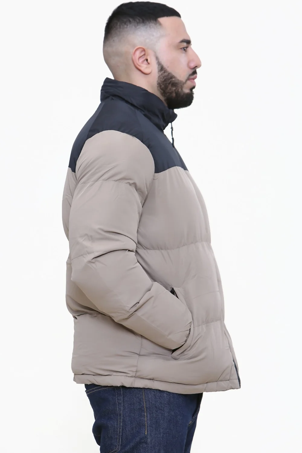 Beige Colorblock Puffer Jacket for Men - Shop Now