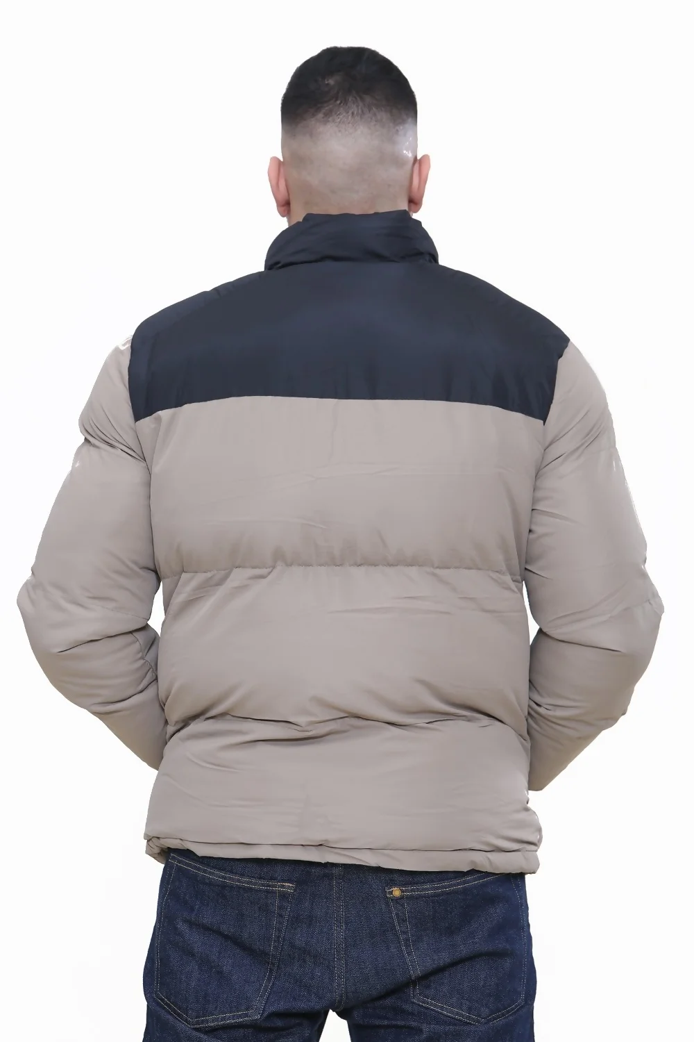 Beige Colorblock Puffer Jacket for Men - Shop Now