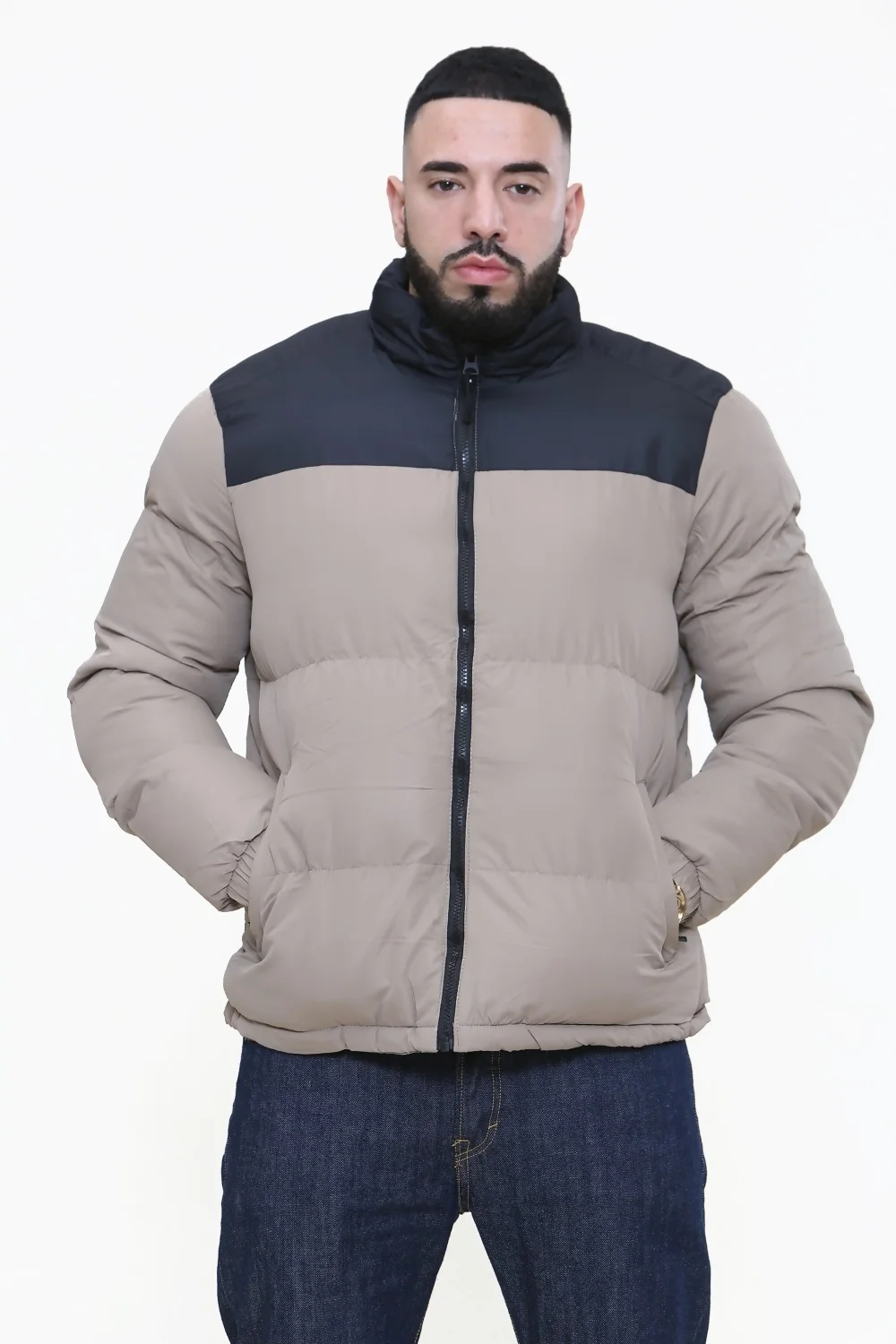 Beige Colorblock Puffer Jacket for Men - Shop Now