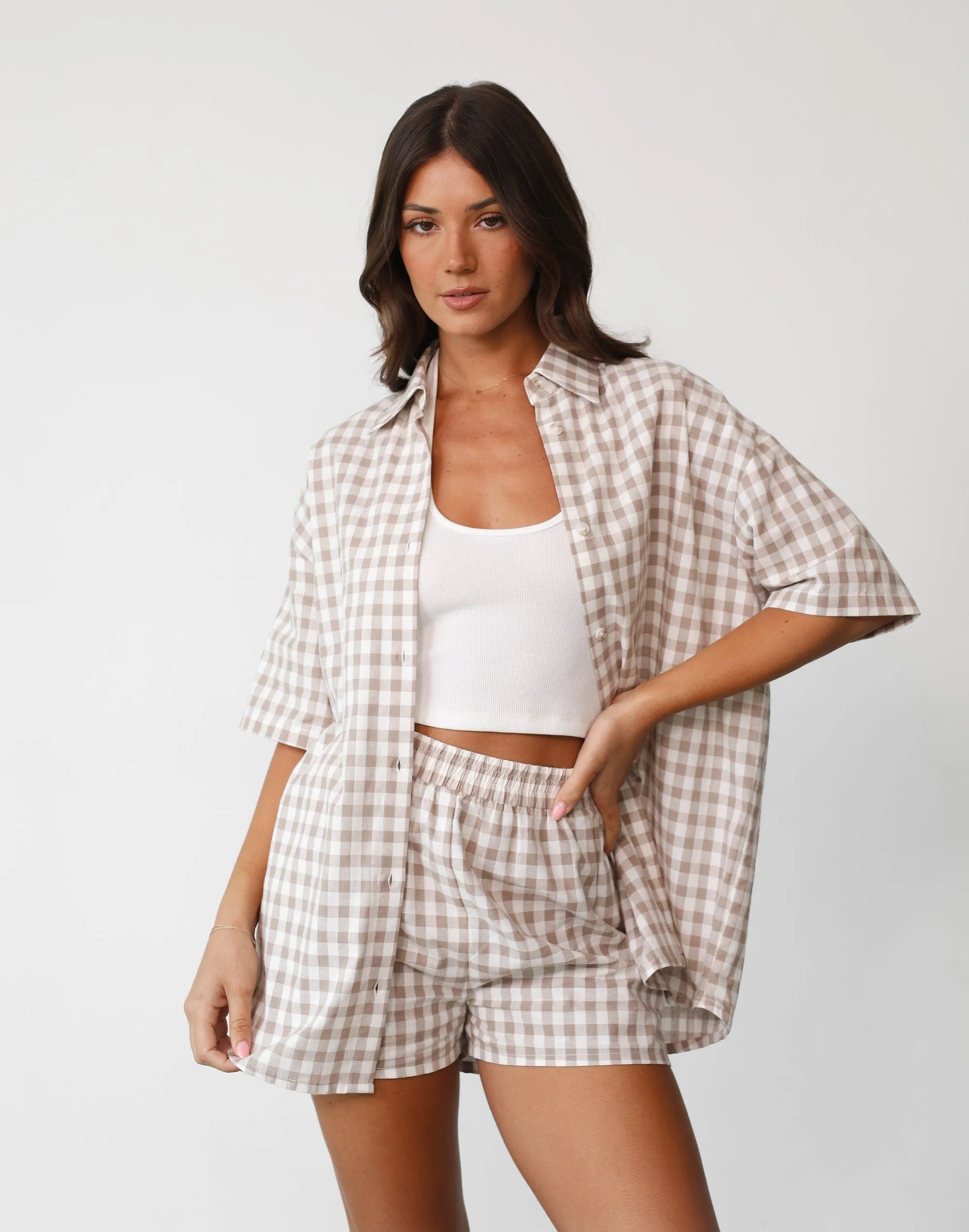 Beige Gingham Camila Shorts