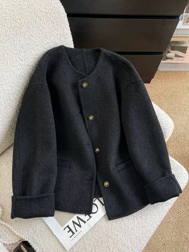 Black double-sided woolen woolen coat for women short style 2024 autumn and winter high-end Korean style small fragrance style w