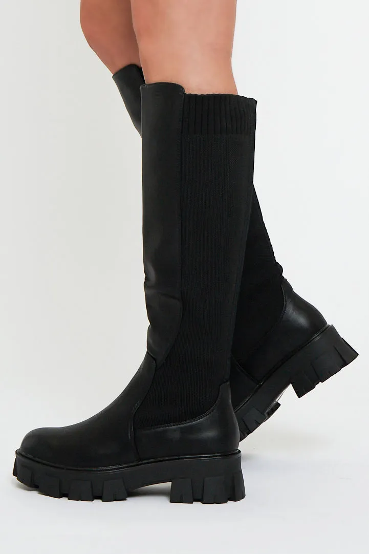 Black Leather Knee High Boots with Chunky Sole - Phileine