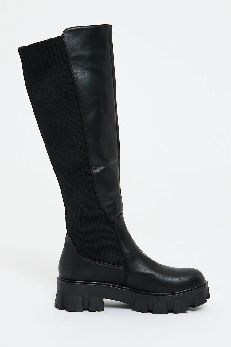 Black Leather Knee High Boots with Chunky Sole - Phileine