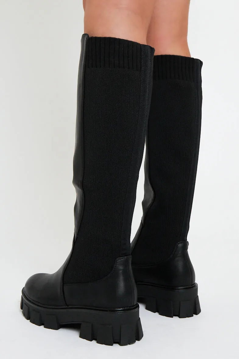 Black Leather Knee High Boots with Chunky Sole - Phileine