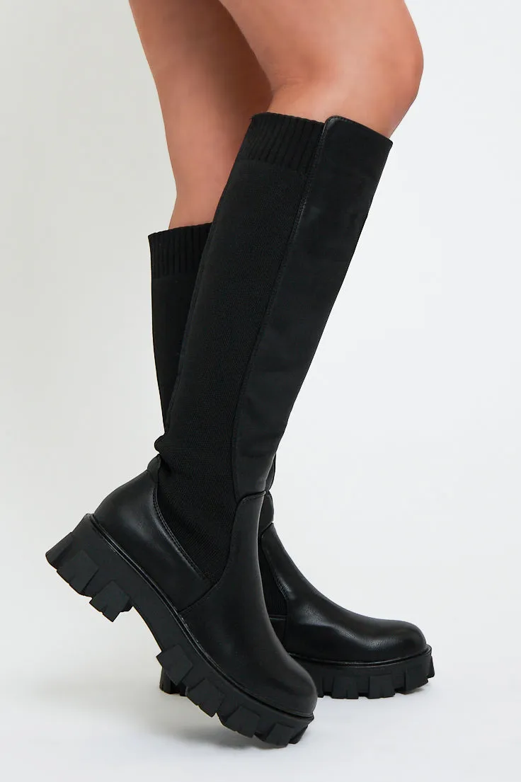 Black Leather Knee High Boots with Chunky Sole - Phileine