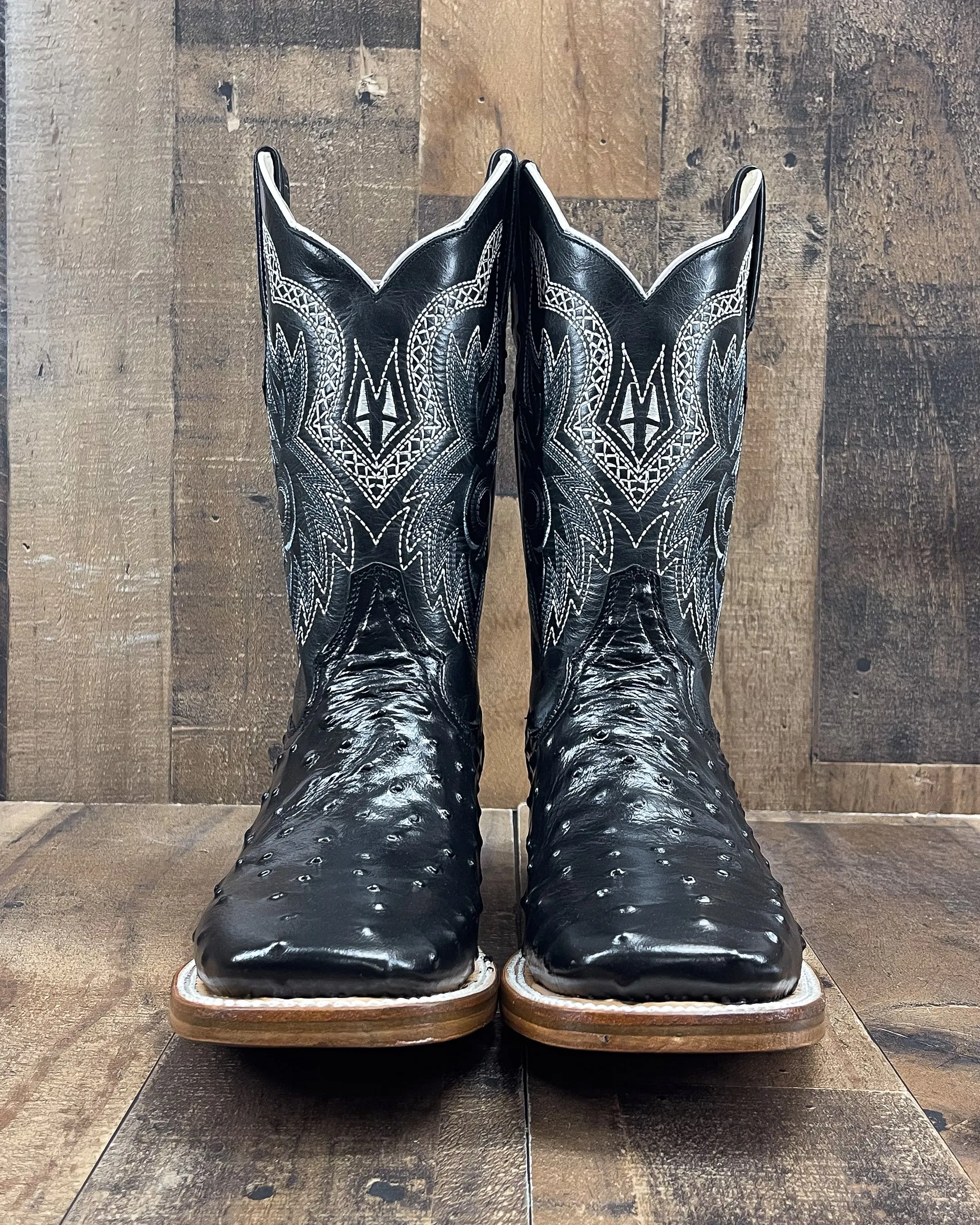 Black Ostrich Square Toe Cowboy Boots