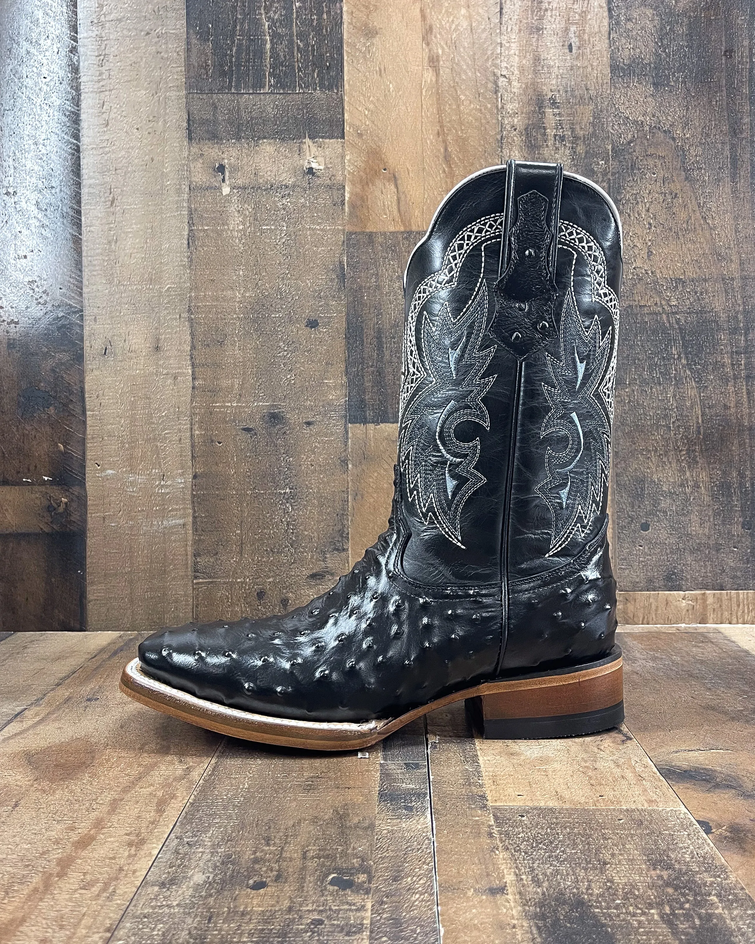 Black Ostrich Square Toe Cowboy Boots