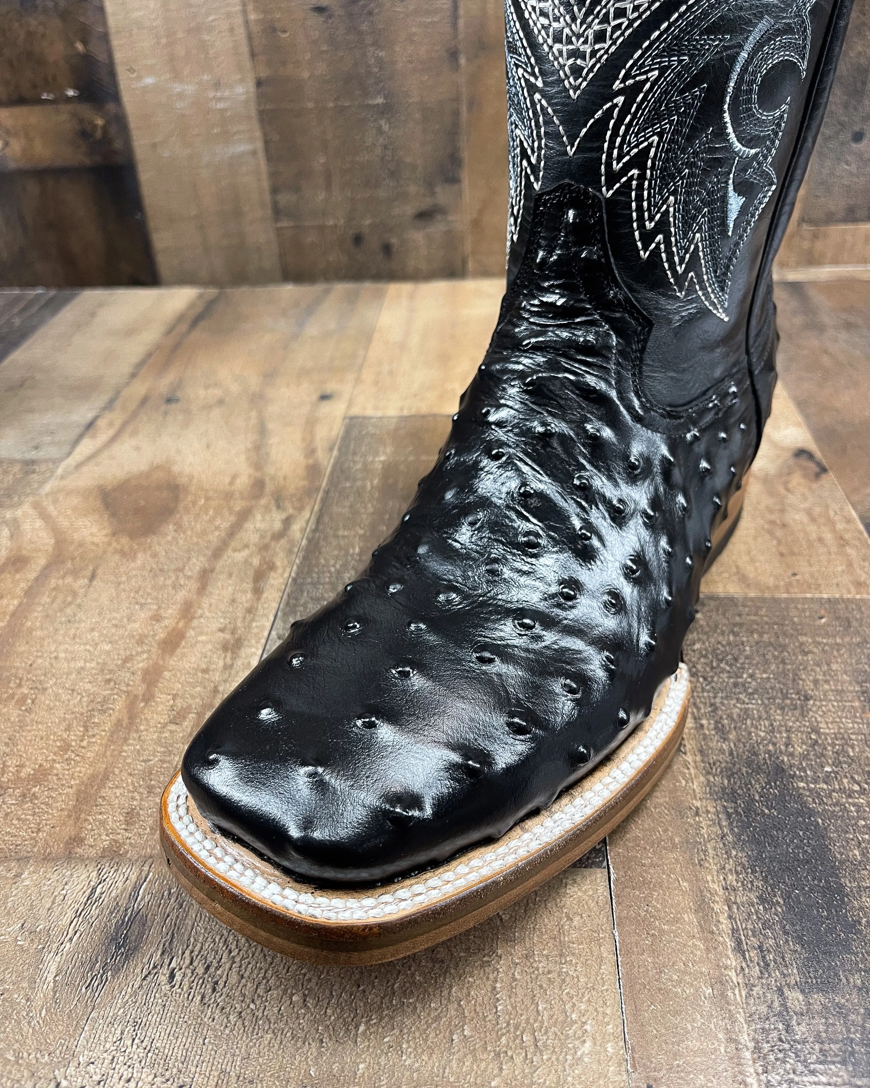 Black Ostrich Square Toe Cowboy Boots