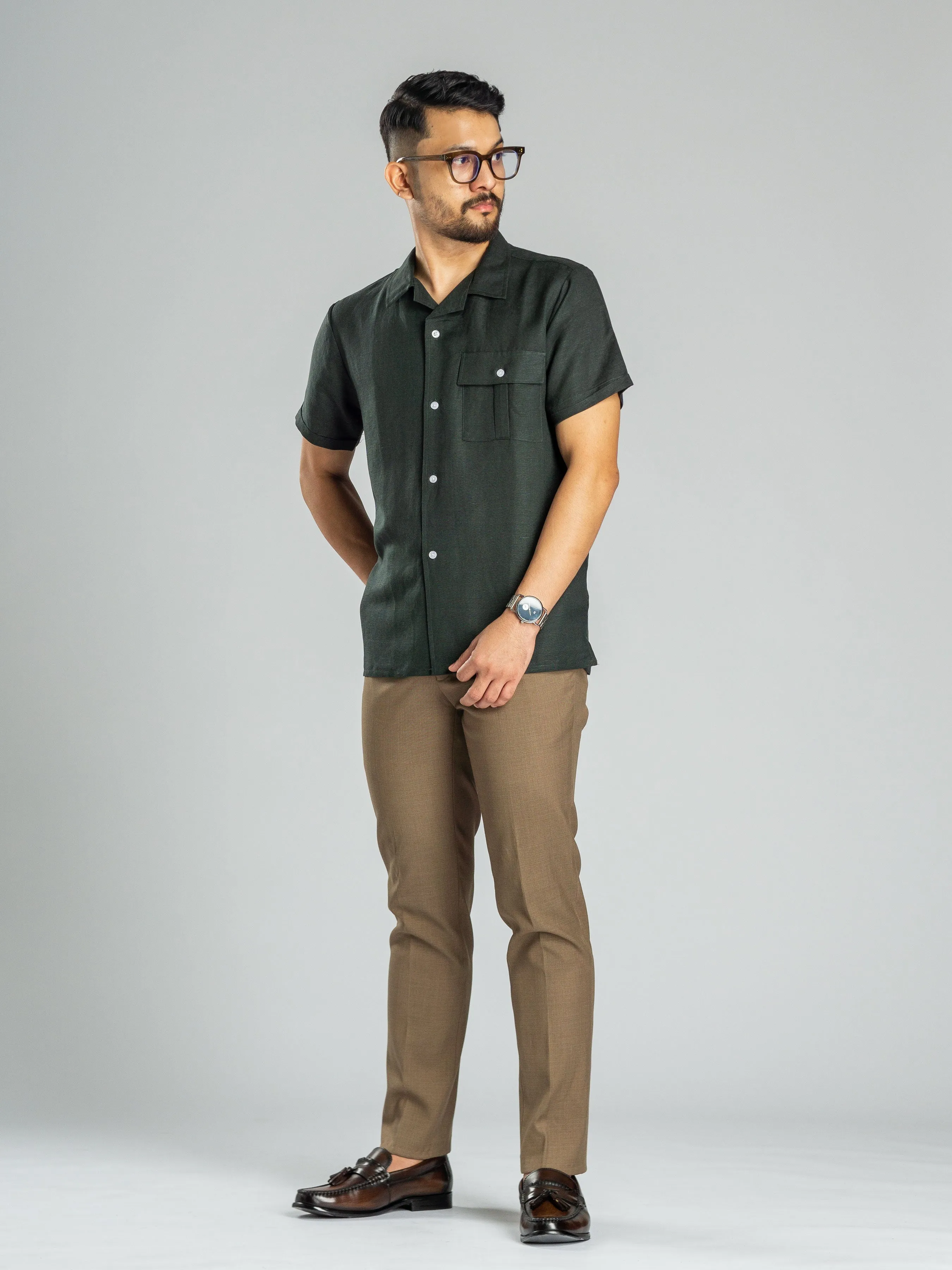 Dark Green Linen Cuban Collar Shirt