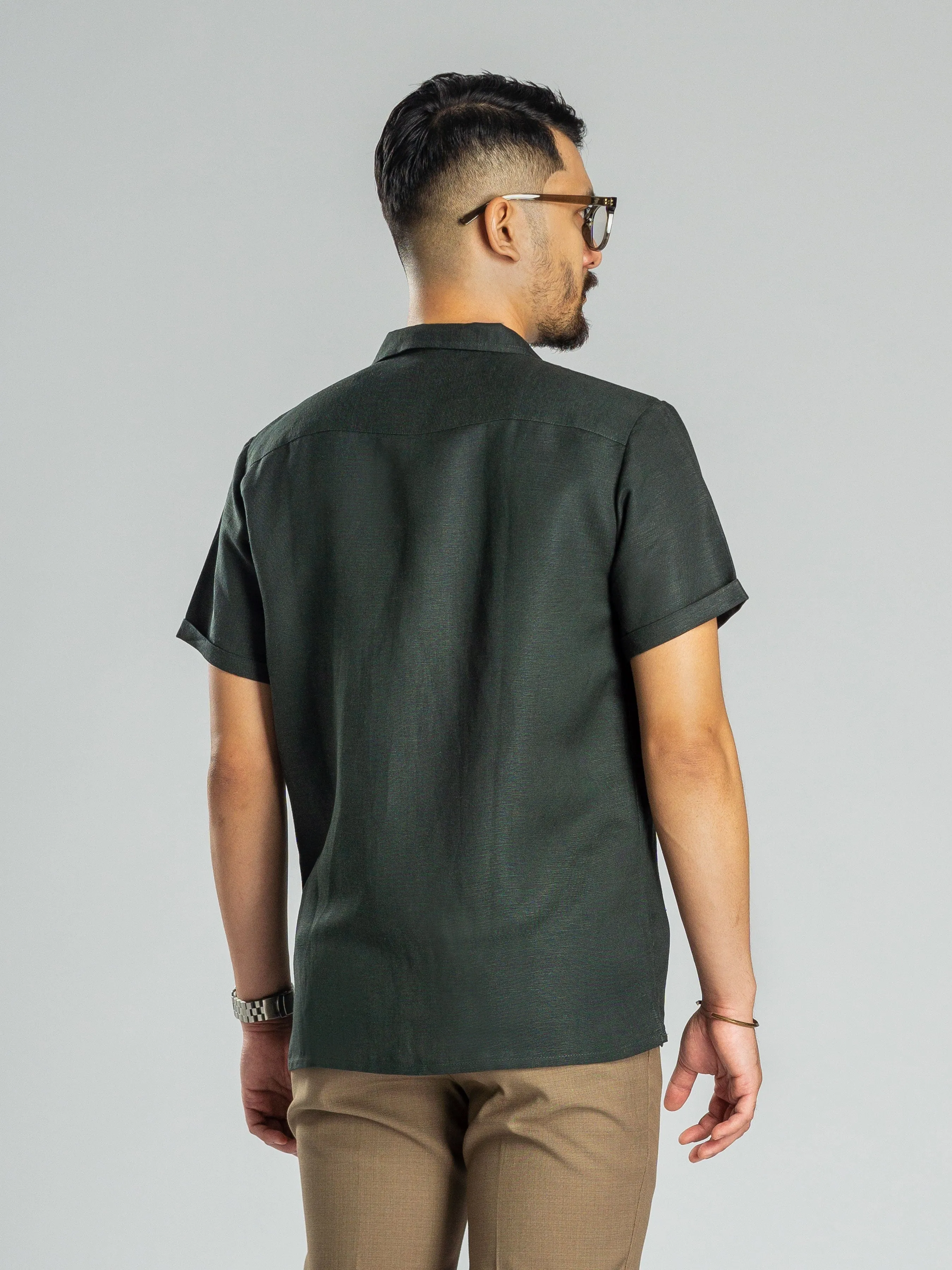 Dark Green Linen Cuban Collar Shirt