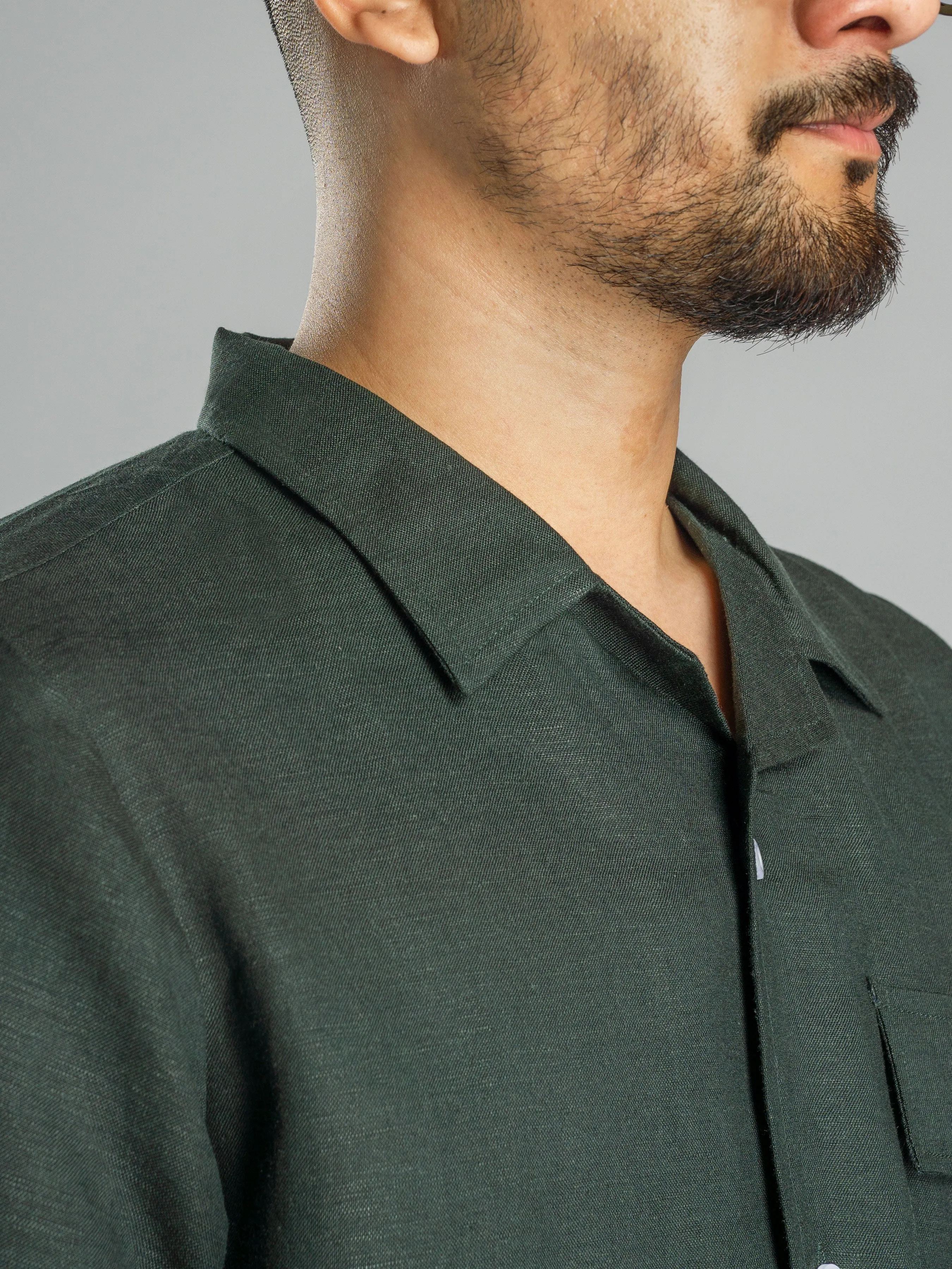 Dark Green Linen Cuban Collar Shirt