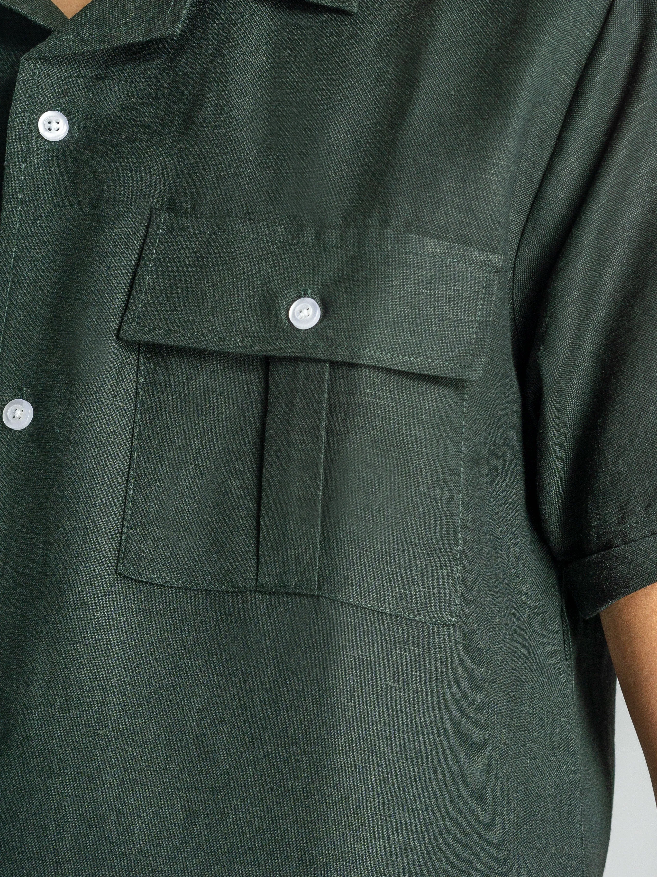 Dark Green Linen Cuban Collar Shirt