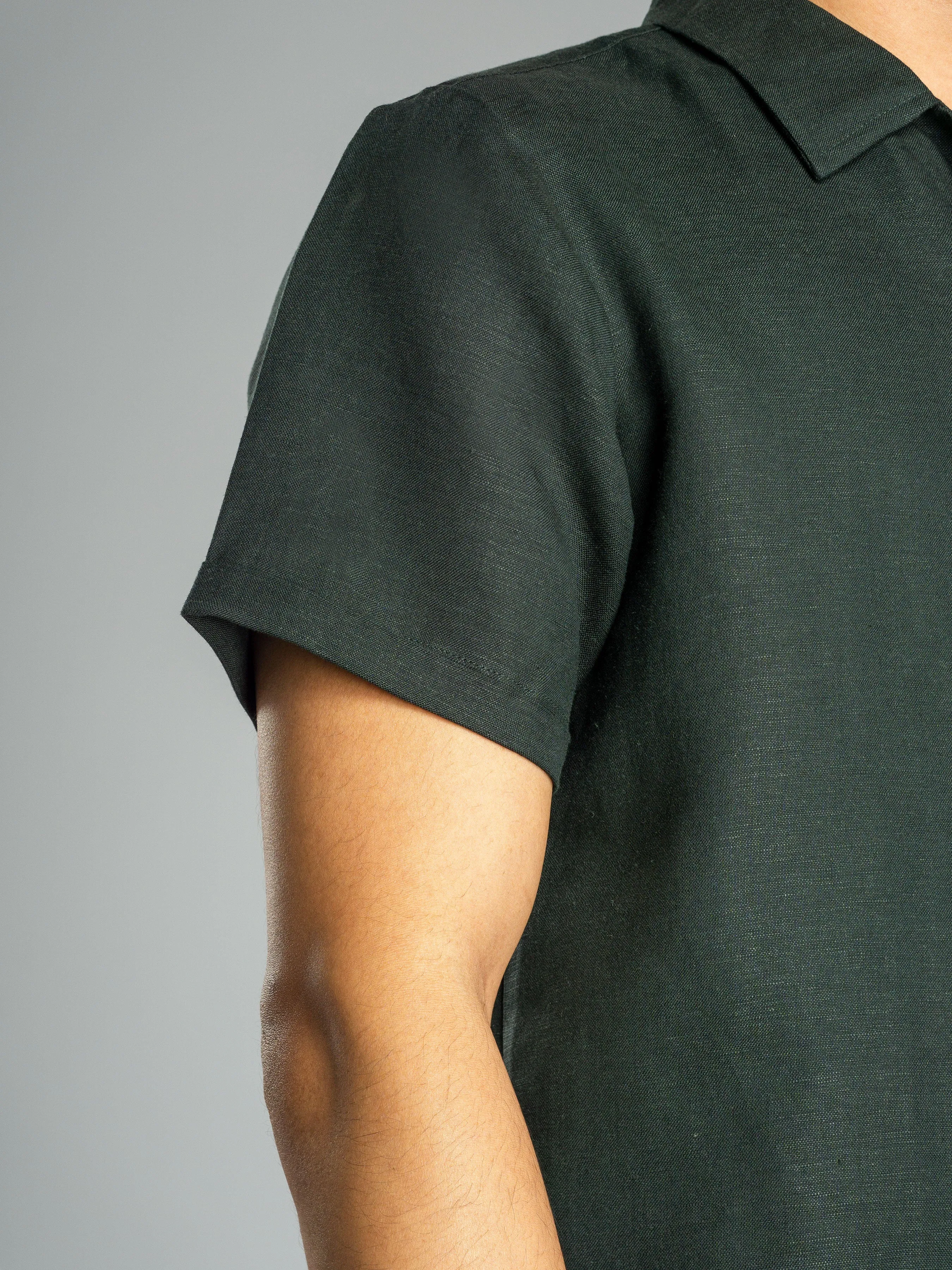 Dark Green Linen Cuban Collar Shirt