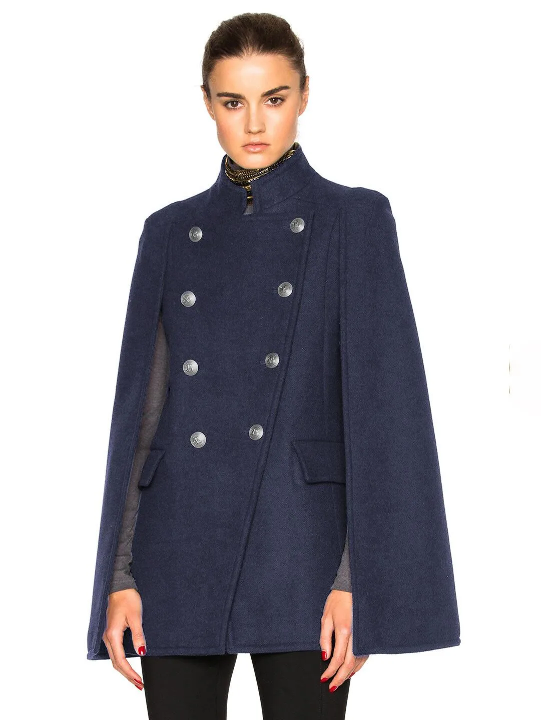 Dark Navy Wool Poncho Coat - Double Breasted Women's Winter Outerwear