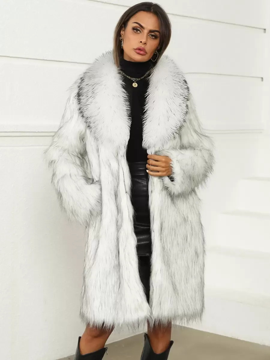 Eco-friendly Faux Fur Winter Coat with Wide Lapel and Longline Design