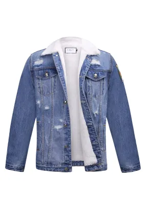 Light Blue Denim Jacket with Faux Fur Embroidery