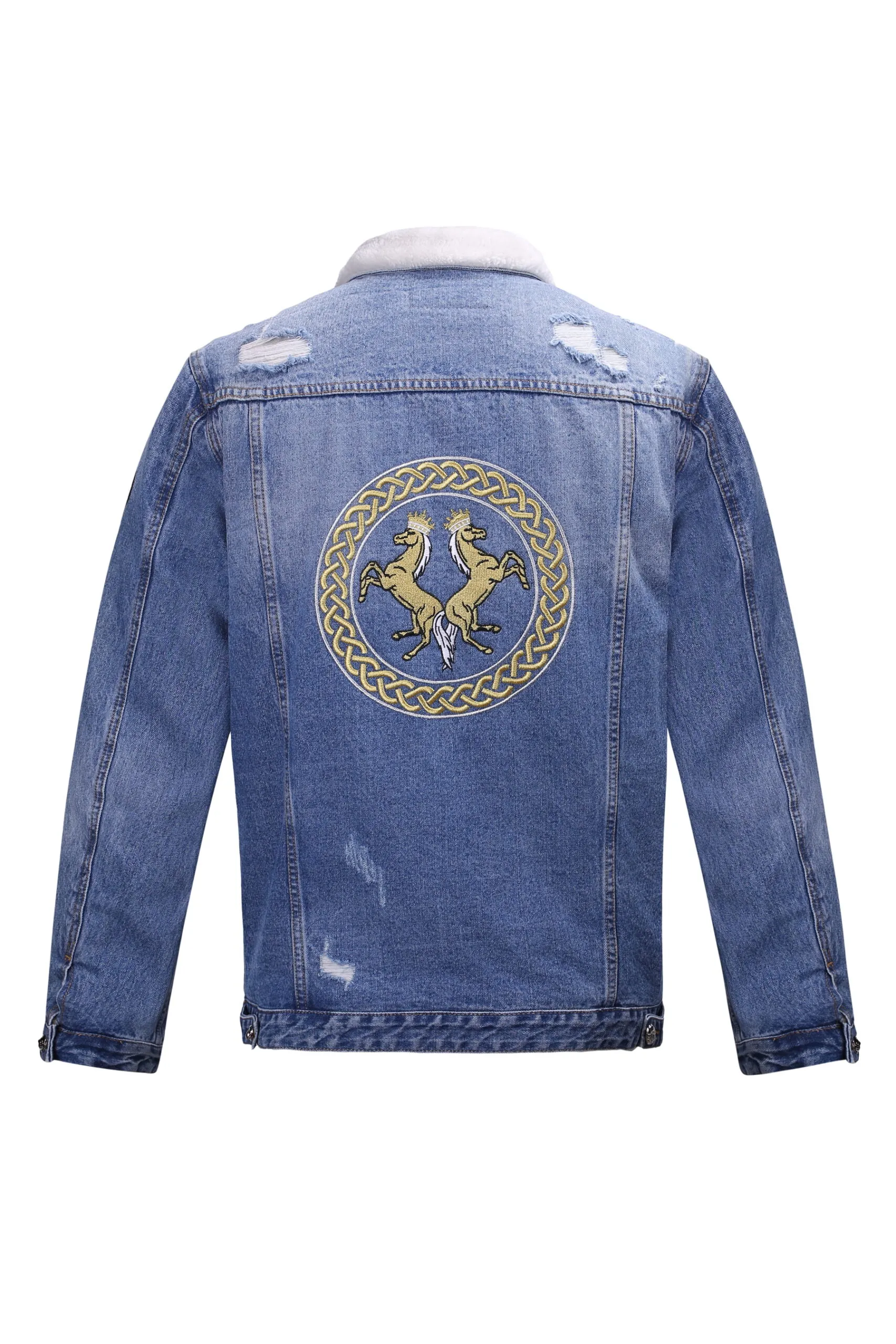 Light Blue Denim Jacket with Faux Fur Embroidery