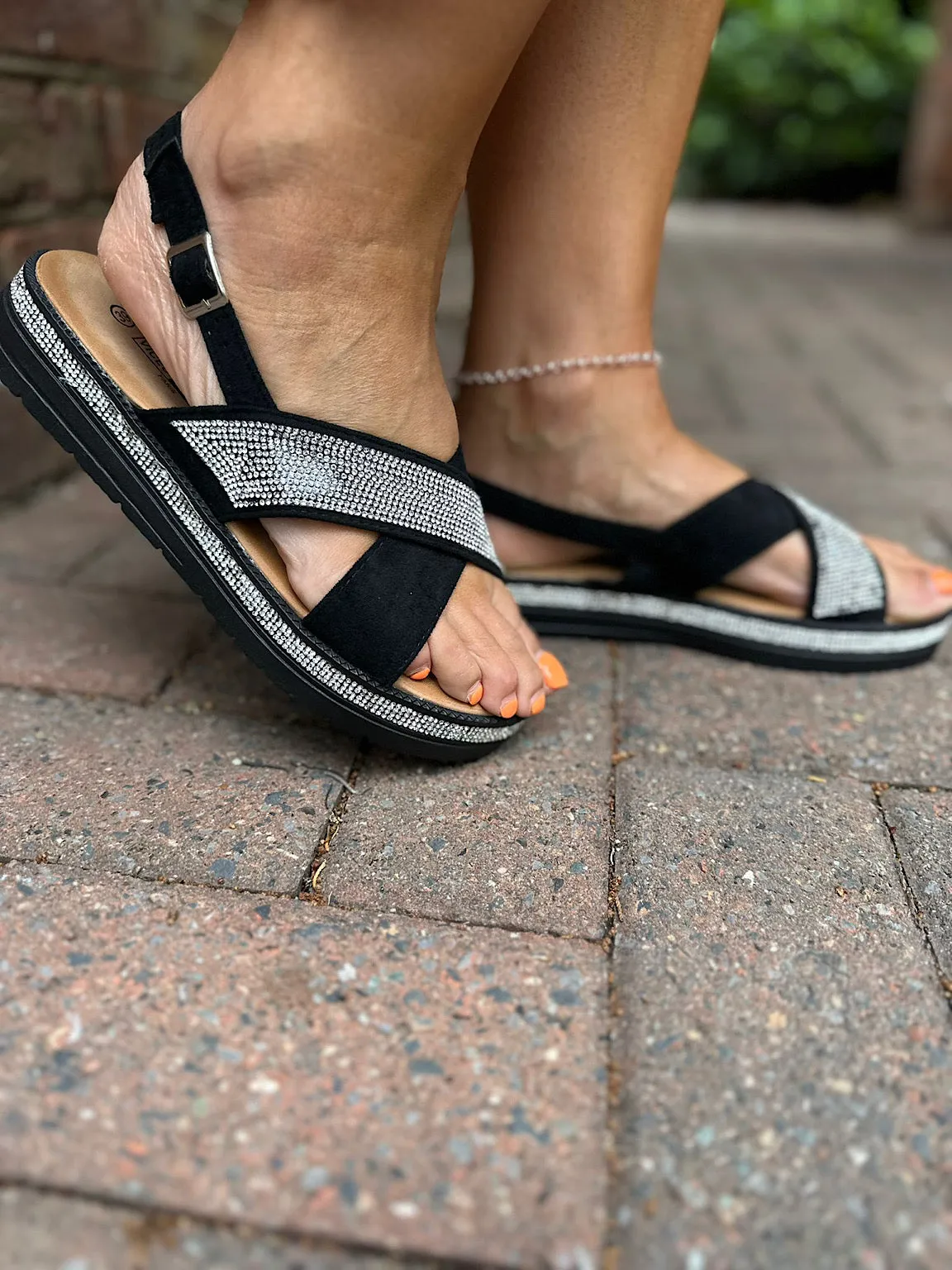 Faux Suede Diamante Cross Over Sandals - Black