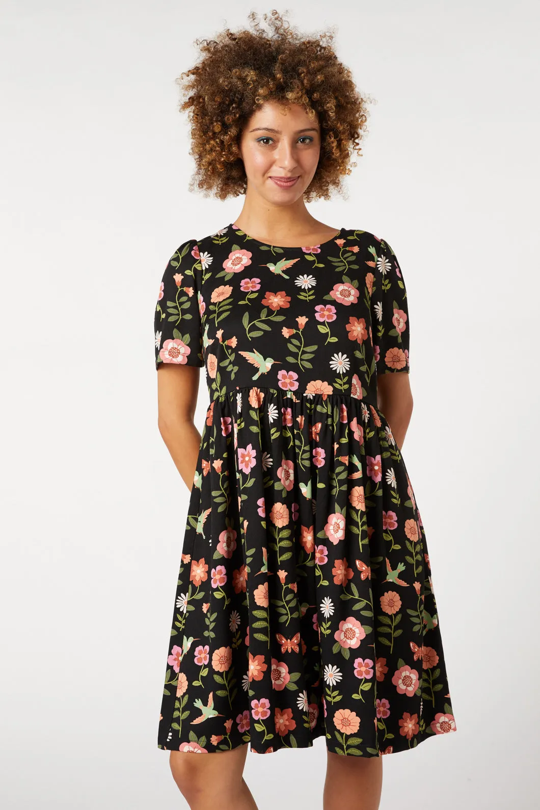 Floral Printed Dress with Hummingbird Design