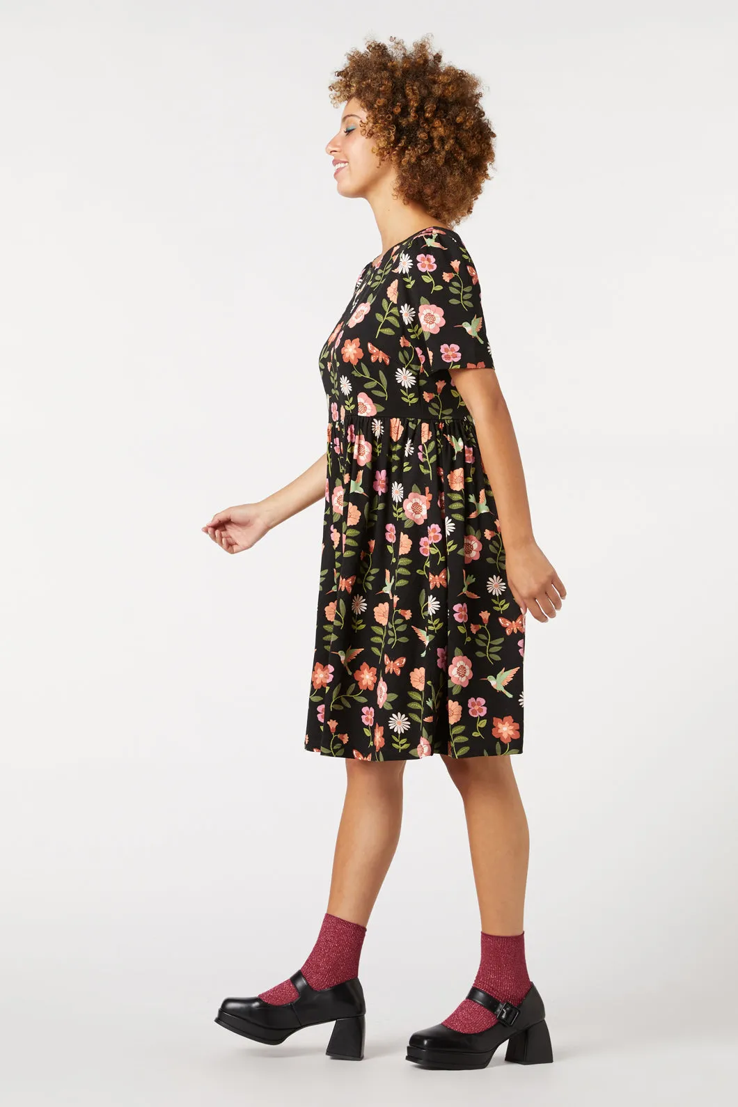 Floral Printed Dress with Hummingbird Design