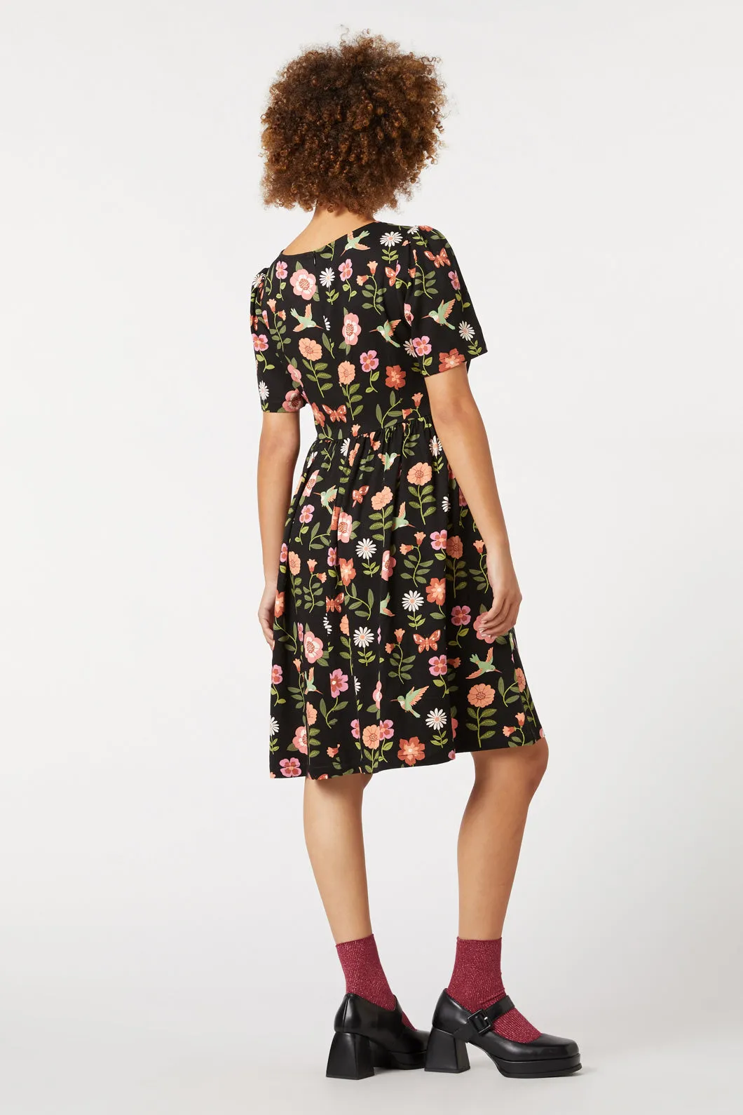 Floral Printed Dress with Hummingbird Design