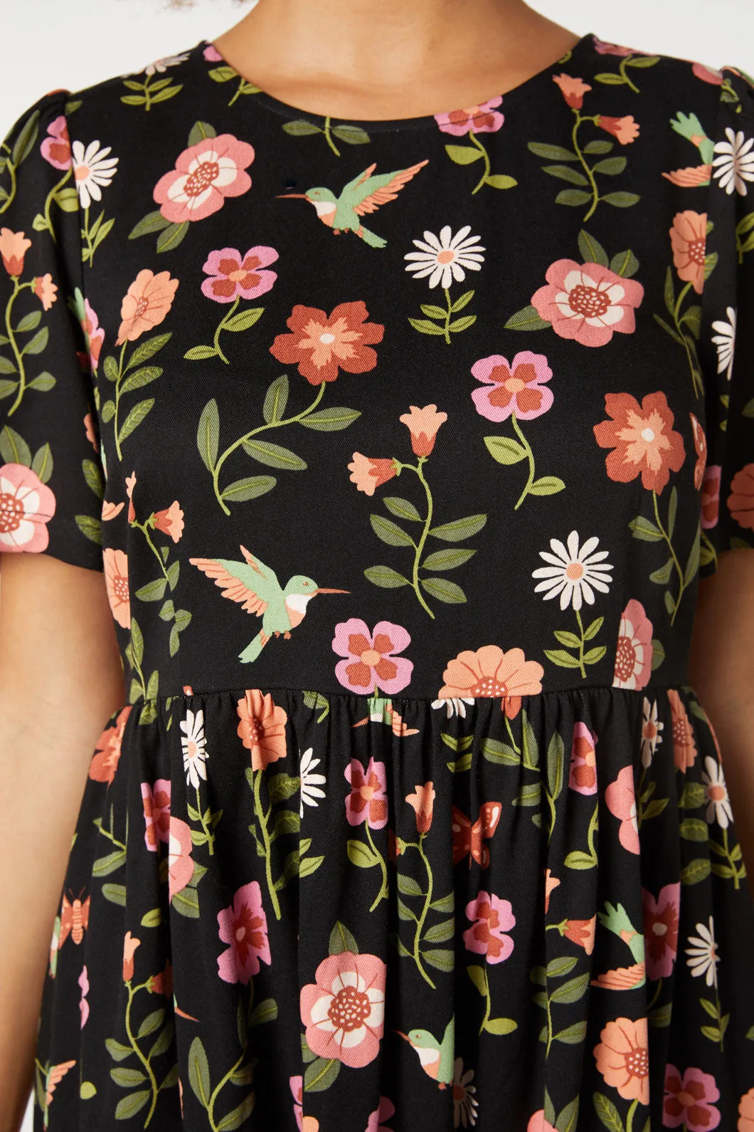 Floral Printed Dress with Hummingbird Design