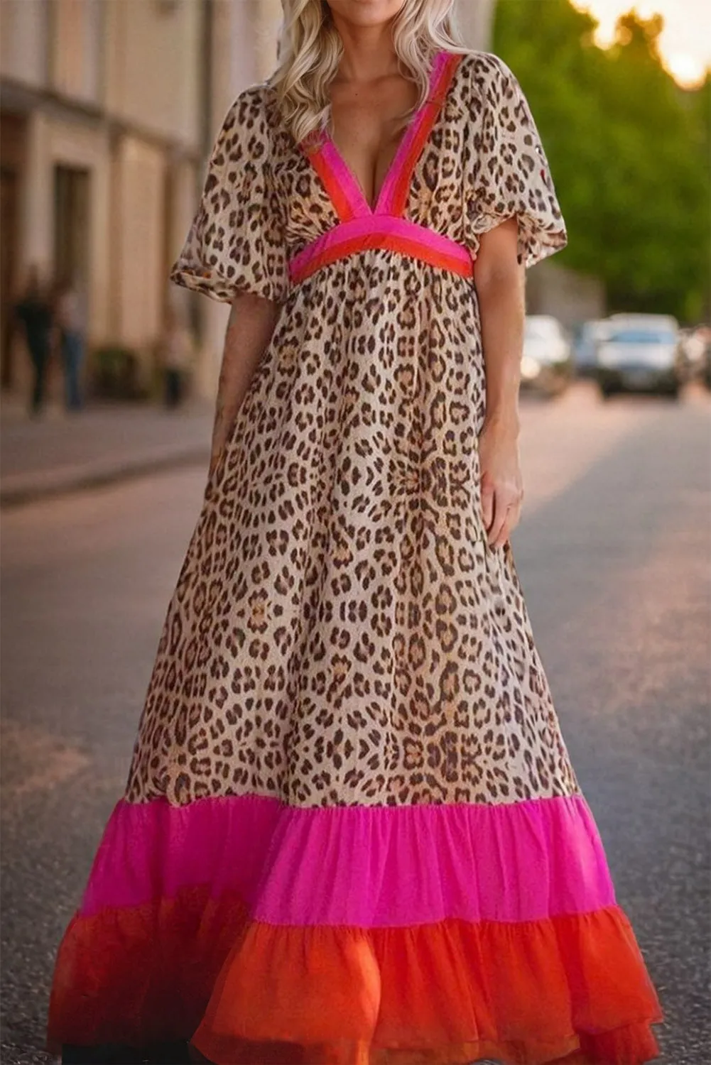 Leopard V-Neck Maxi Dress - Full Size