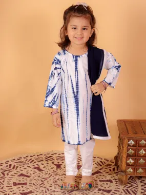 Girls Blue White Cotton Tie-Dye Kurta Leggings Dupatta Set