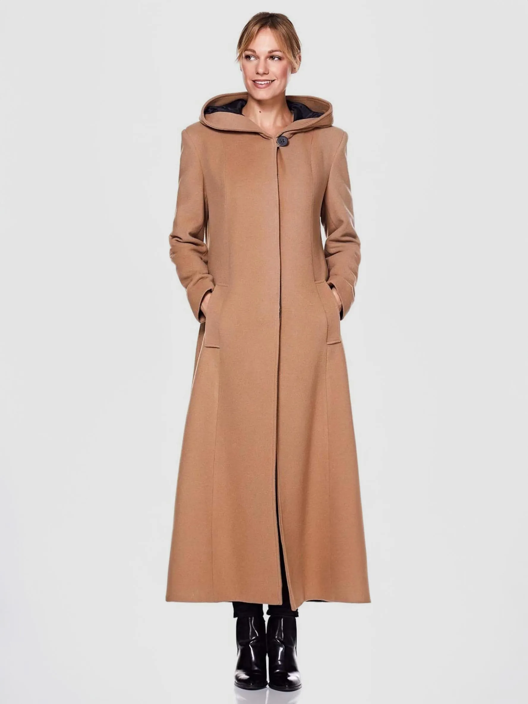 Hooded Women's Winter Wool Blend Full-Length Wrap Coat for Warmth