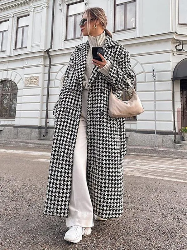 Houndstooth Overcoat | Notched Lapel | Buttons | Full Length Winter Outerwear | Shop Online Now