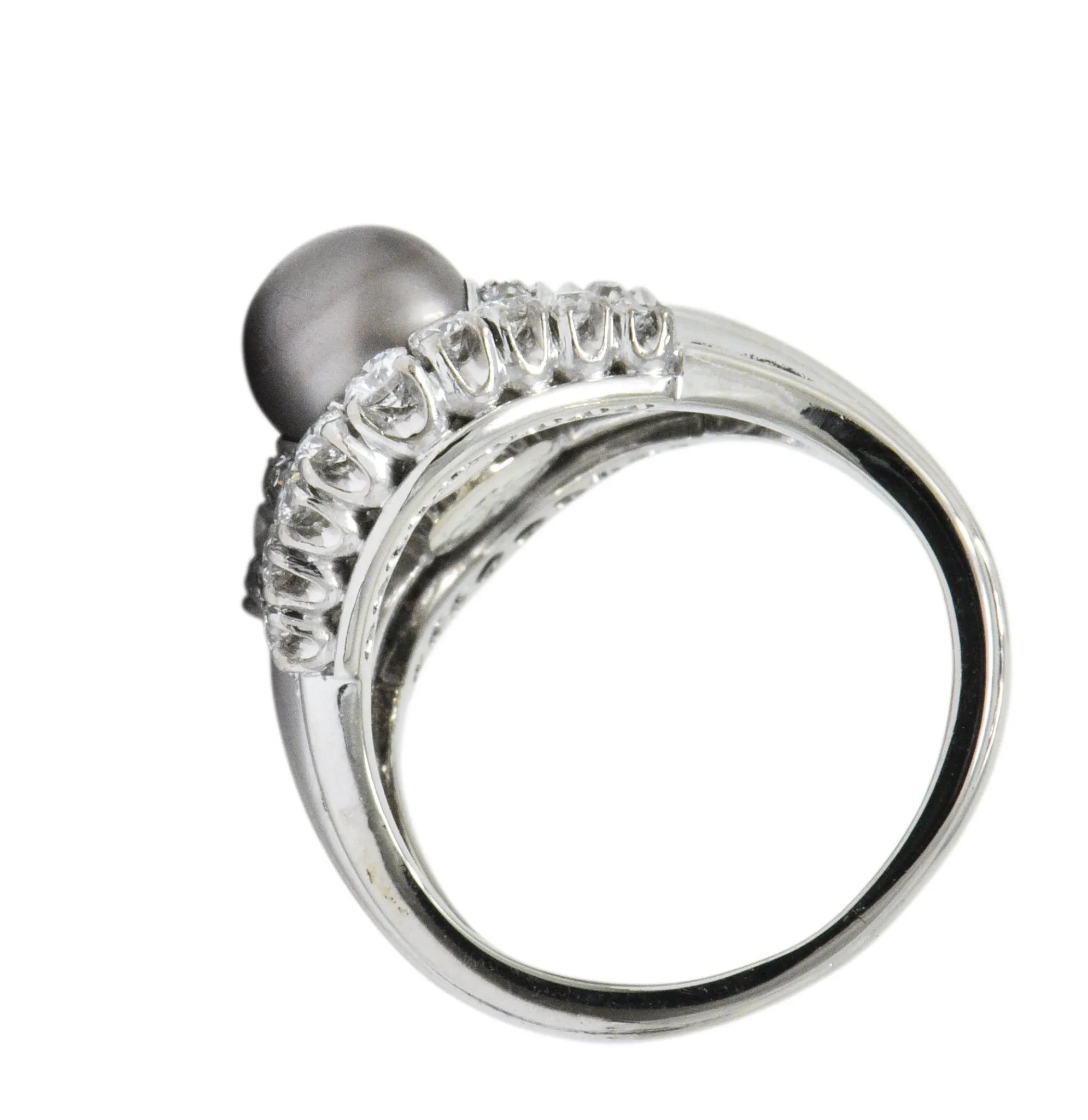 Koch 1950's 1.10 CTW Diamond Cultured Pearl 18 Karat White Gold Ring