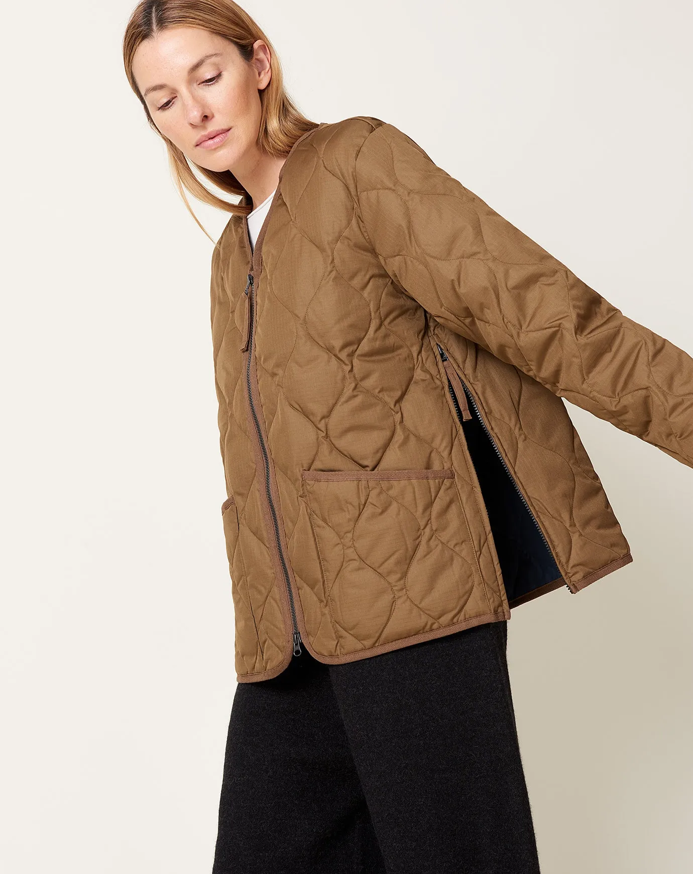 Light Brown Military Zip V Neck Down Jacket