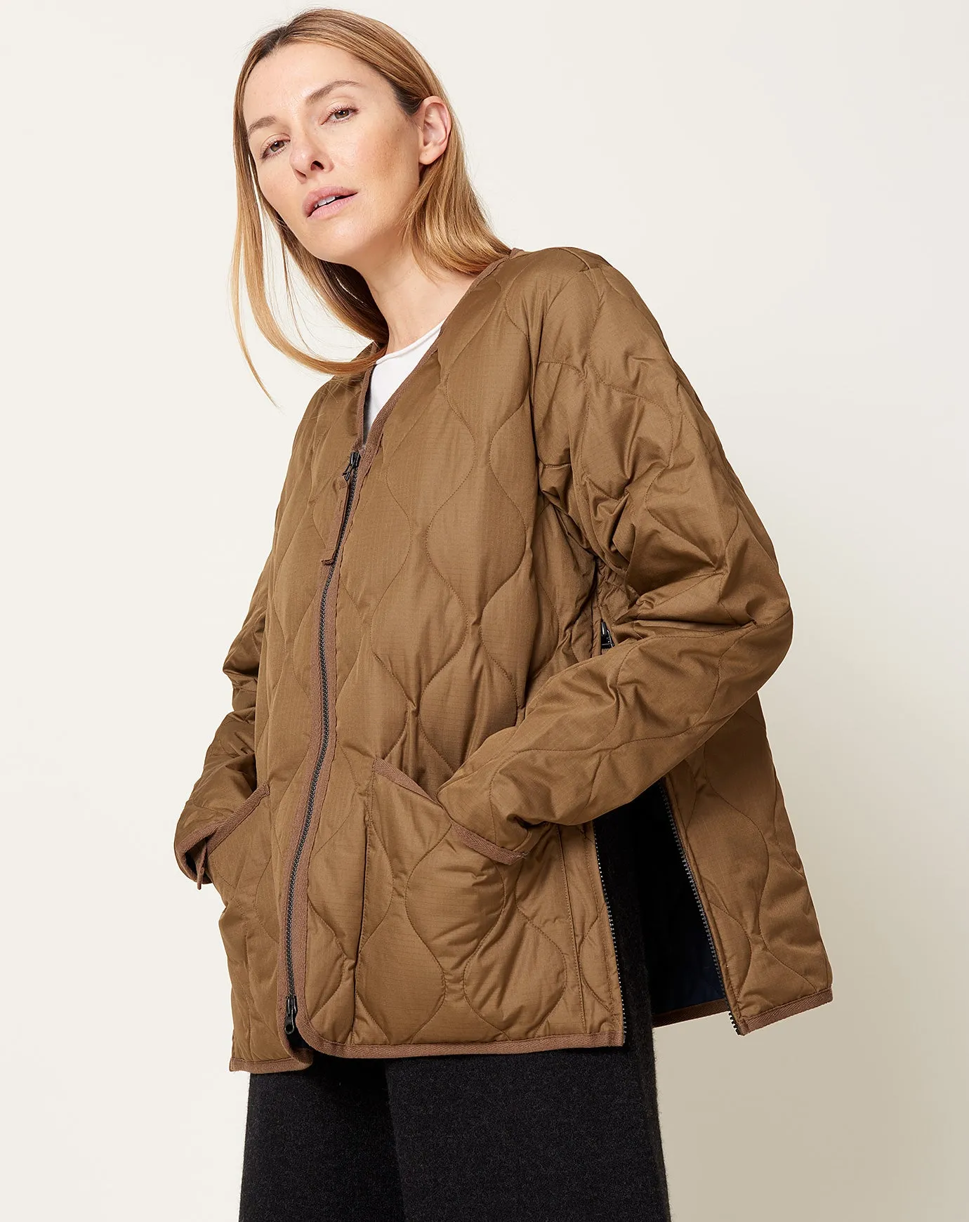 Light Brown Military Zip V Neck Down Jacket