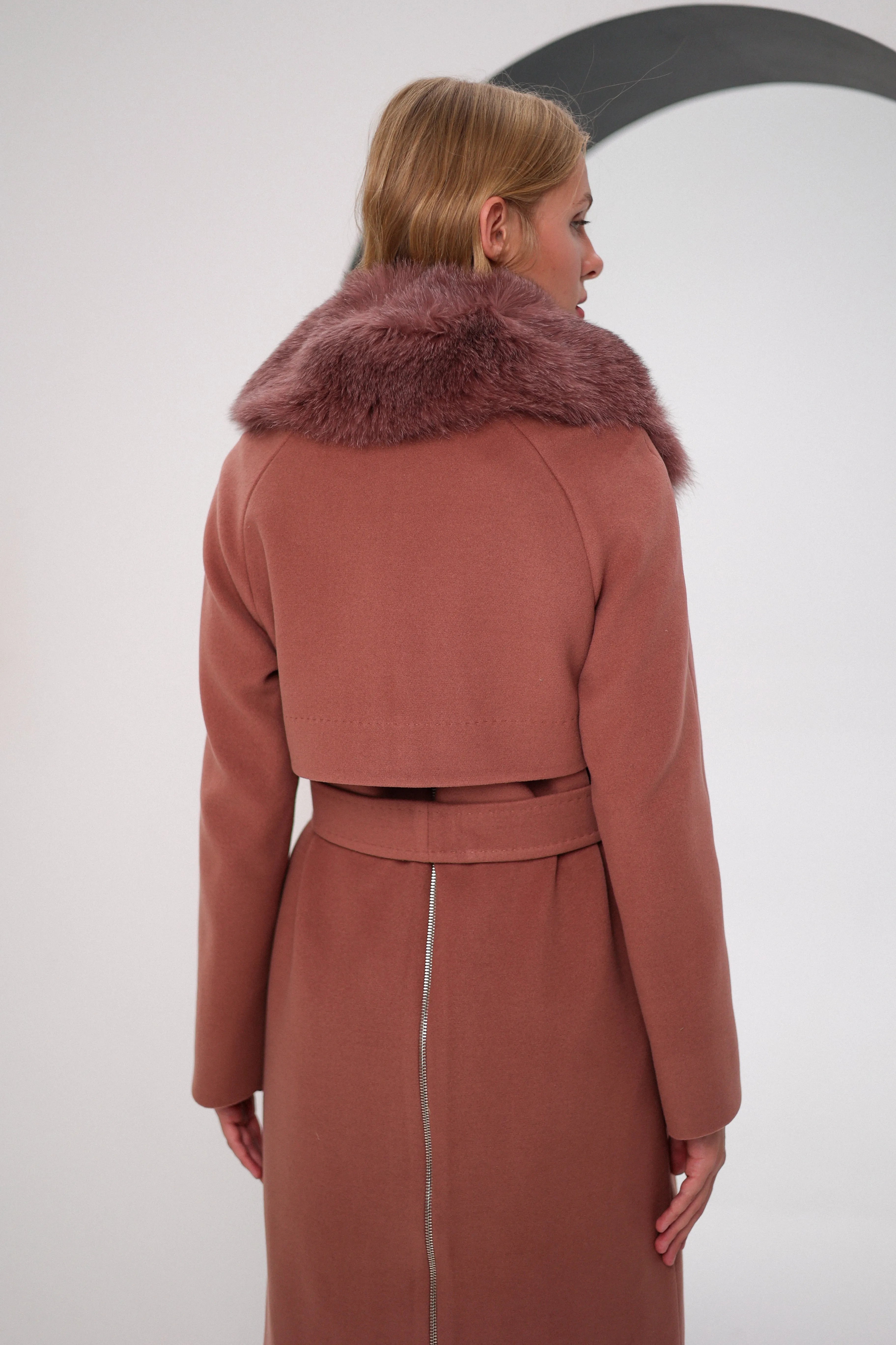 Luxury Polar Fox Cashmere Wool Back Zipper Coat