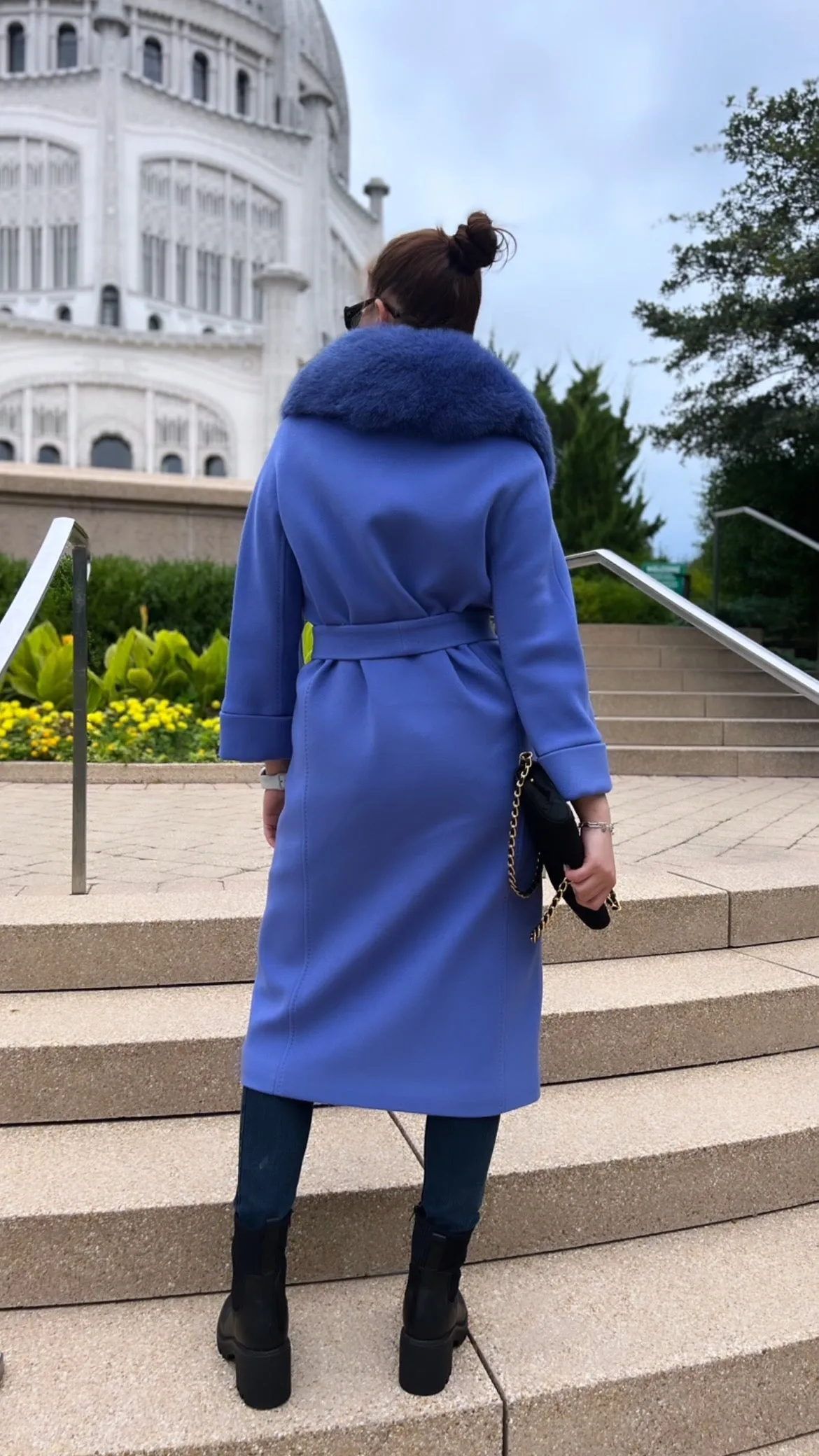 Luxury Polar Fox Collar Cashmere Wool Coat