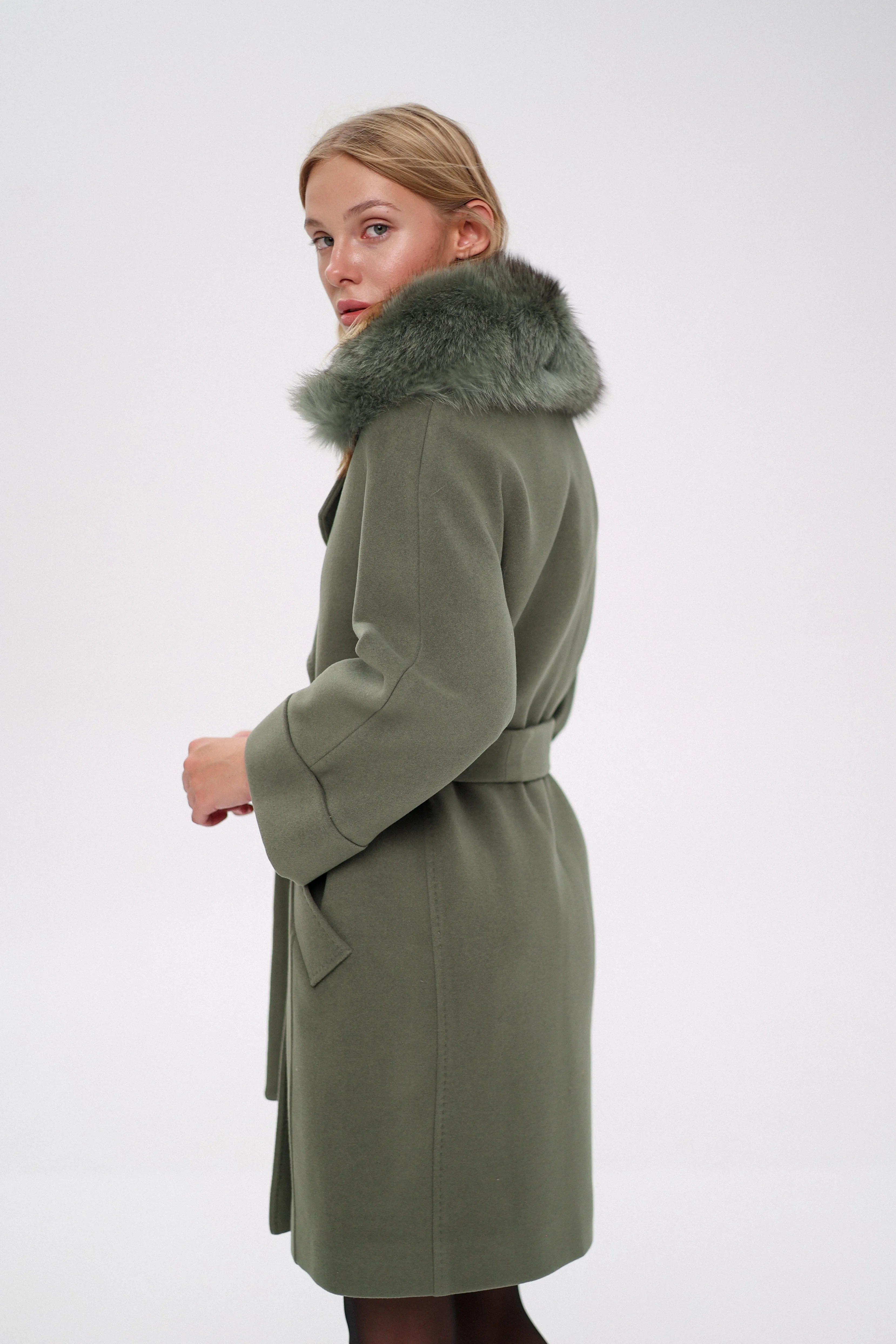 Luxury Polar Fox Tailored Cashmere Wool Coat