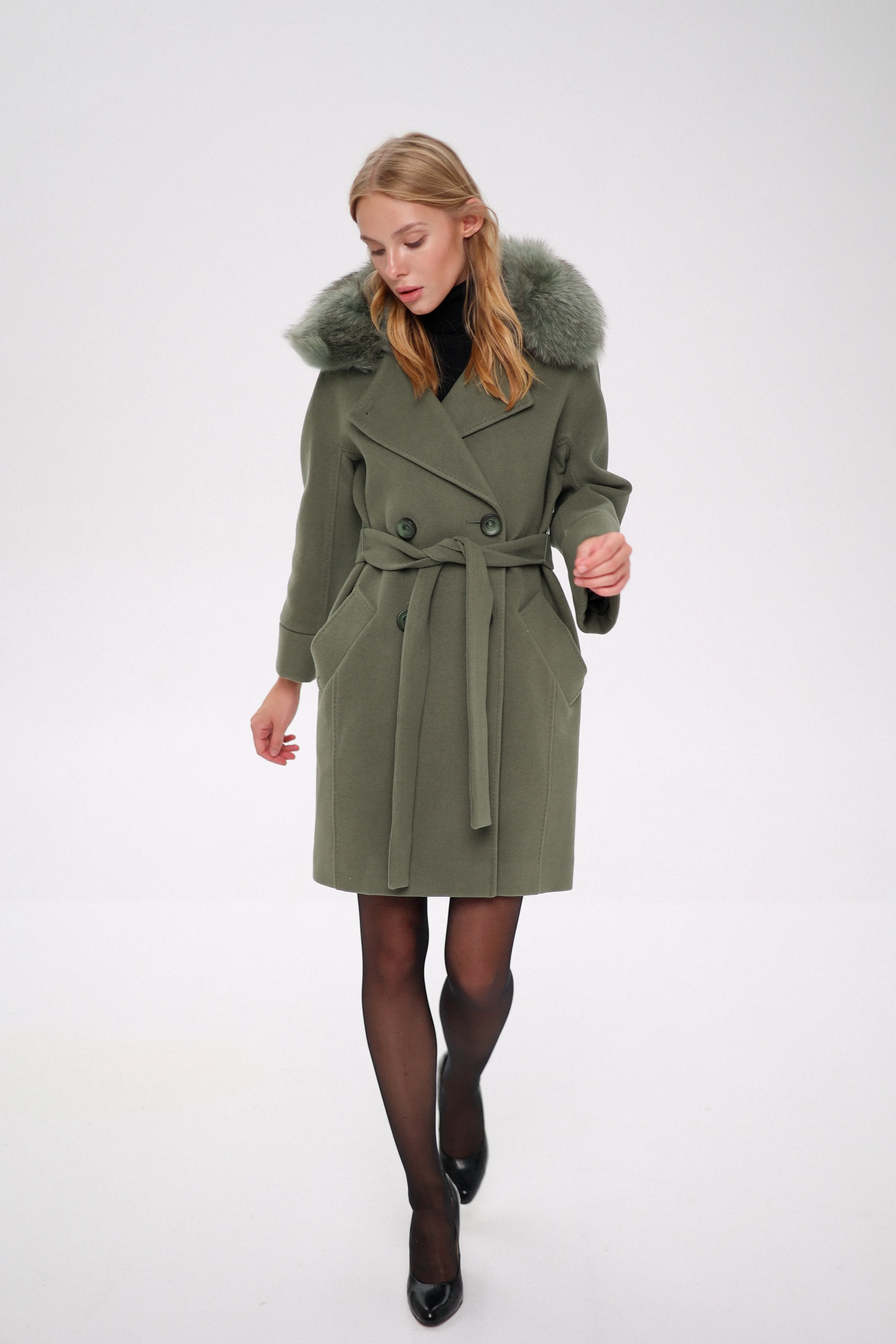 Luxury Polar Fox Tailored Cashmere Wool Coat