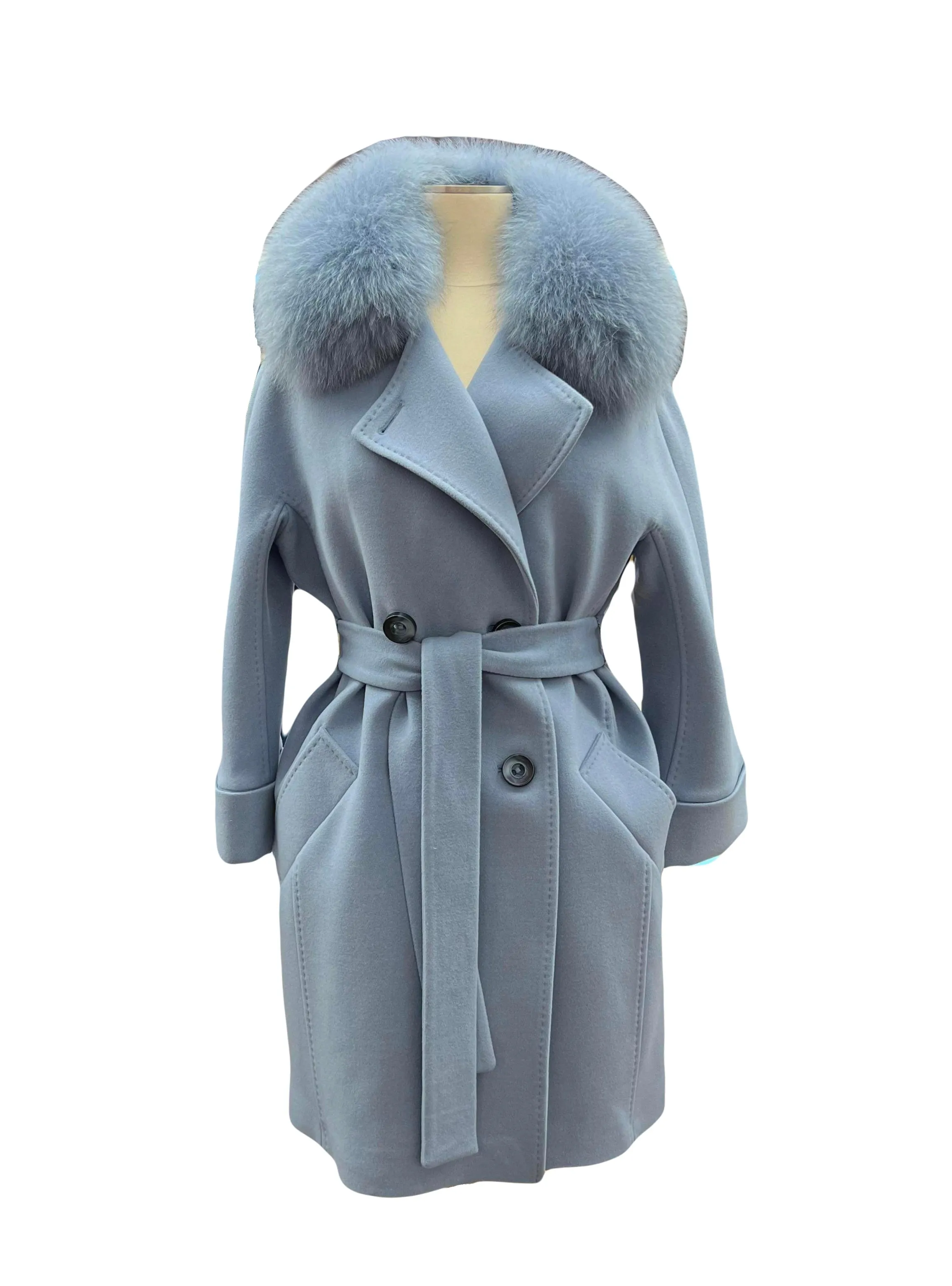 Luxury Polar Fox Tailored Cashmere Wool Coat