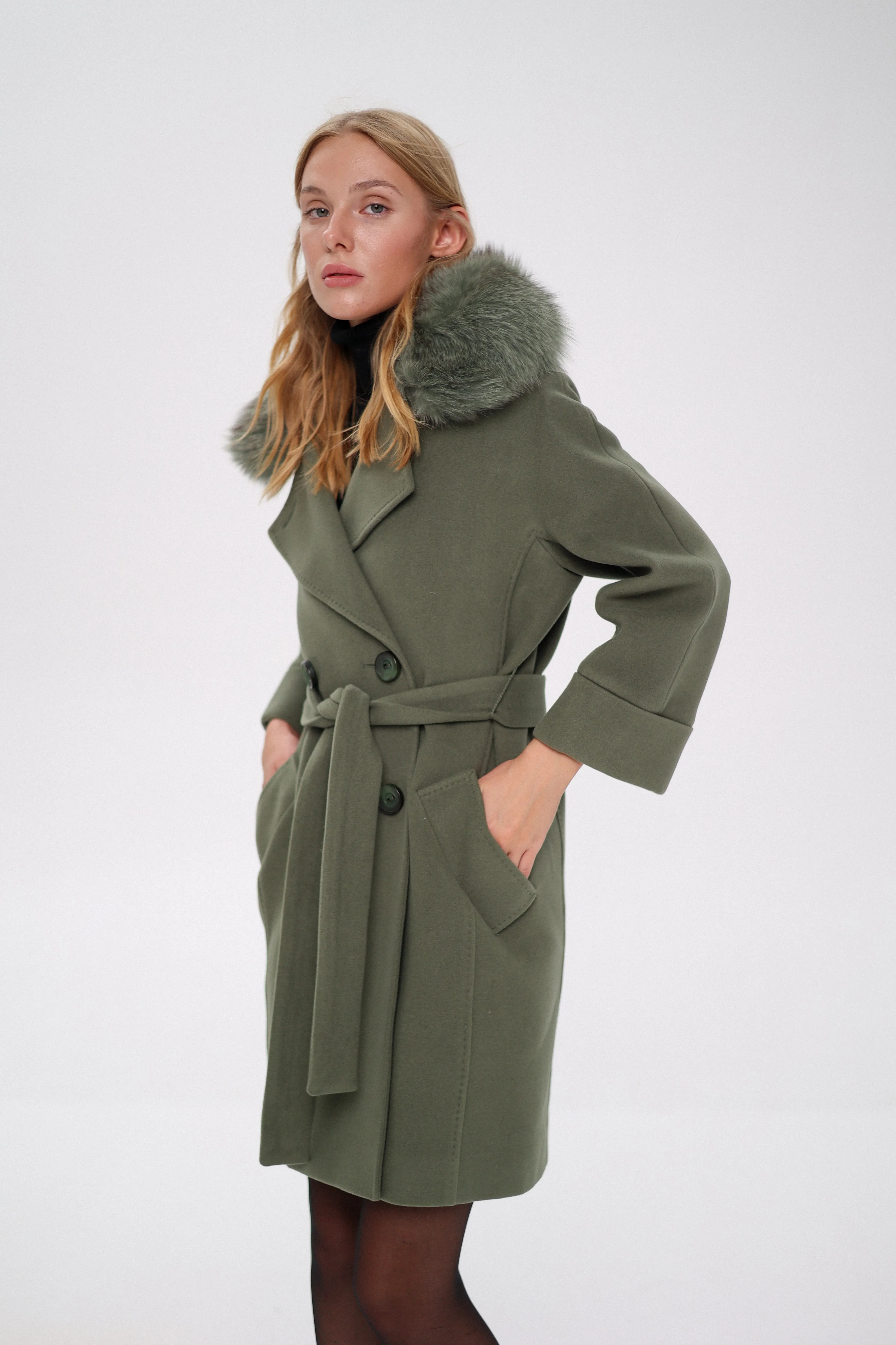 Luxury Polar Fox Tailored Cashmere Wool Coat