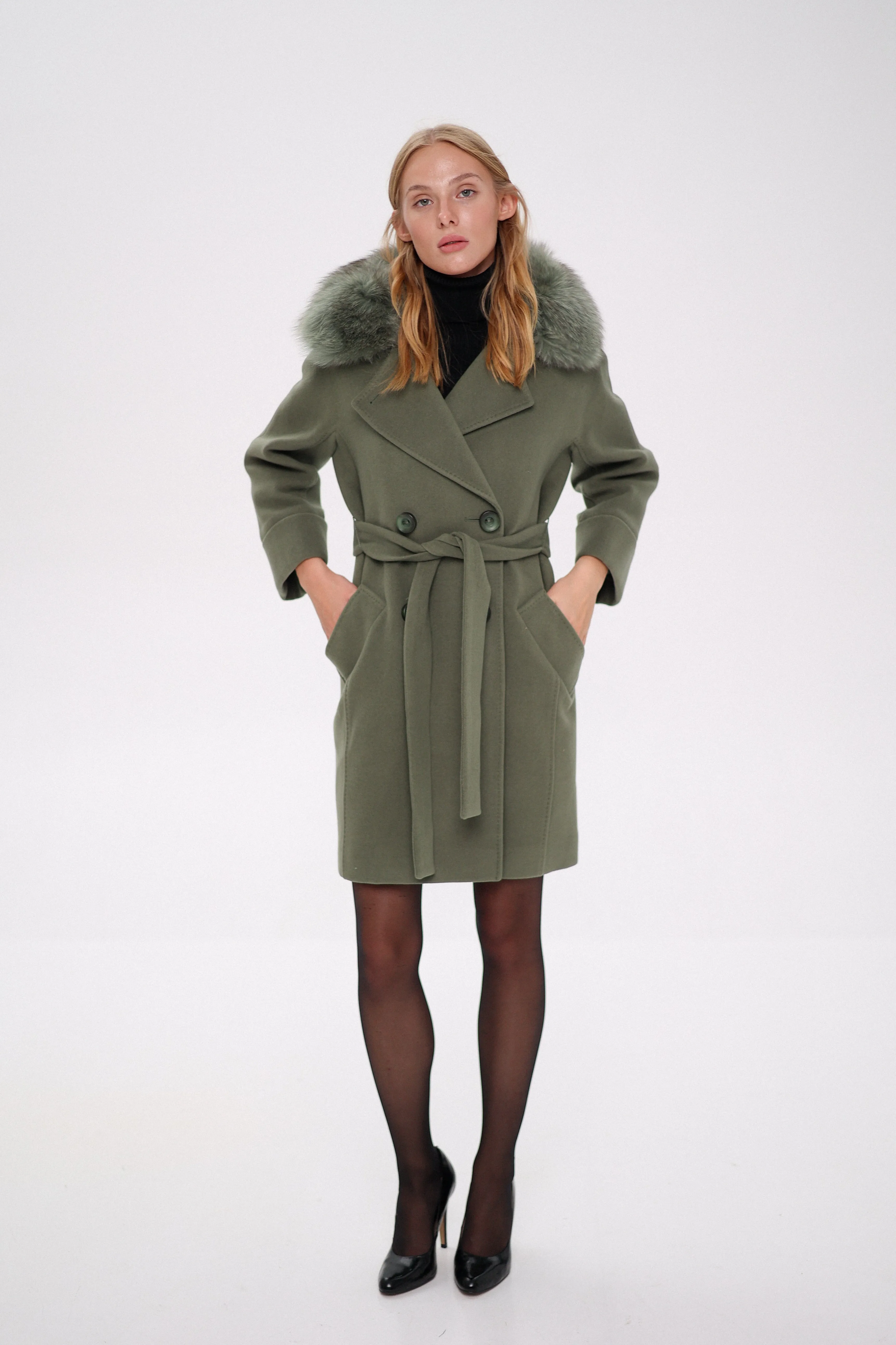 Luxury Polar Fox Tailored Cashmere Wool Coat