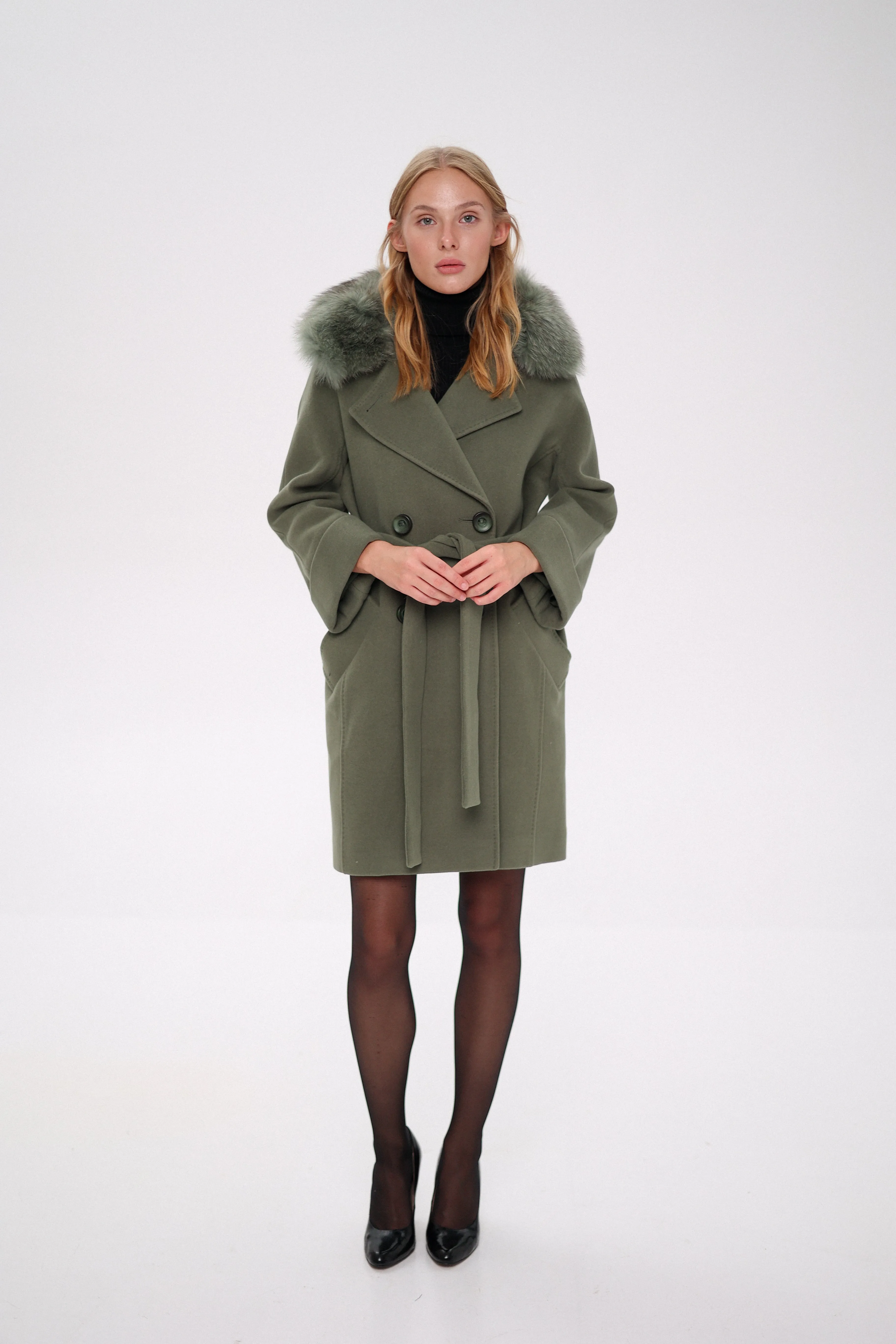 Luxury Polar Fox Tailored Cashmere Wool Coat