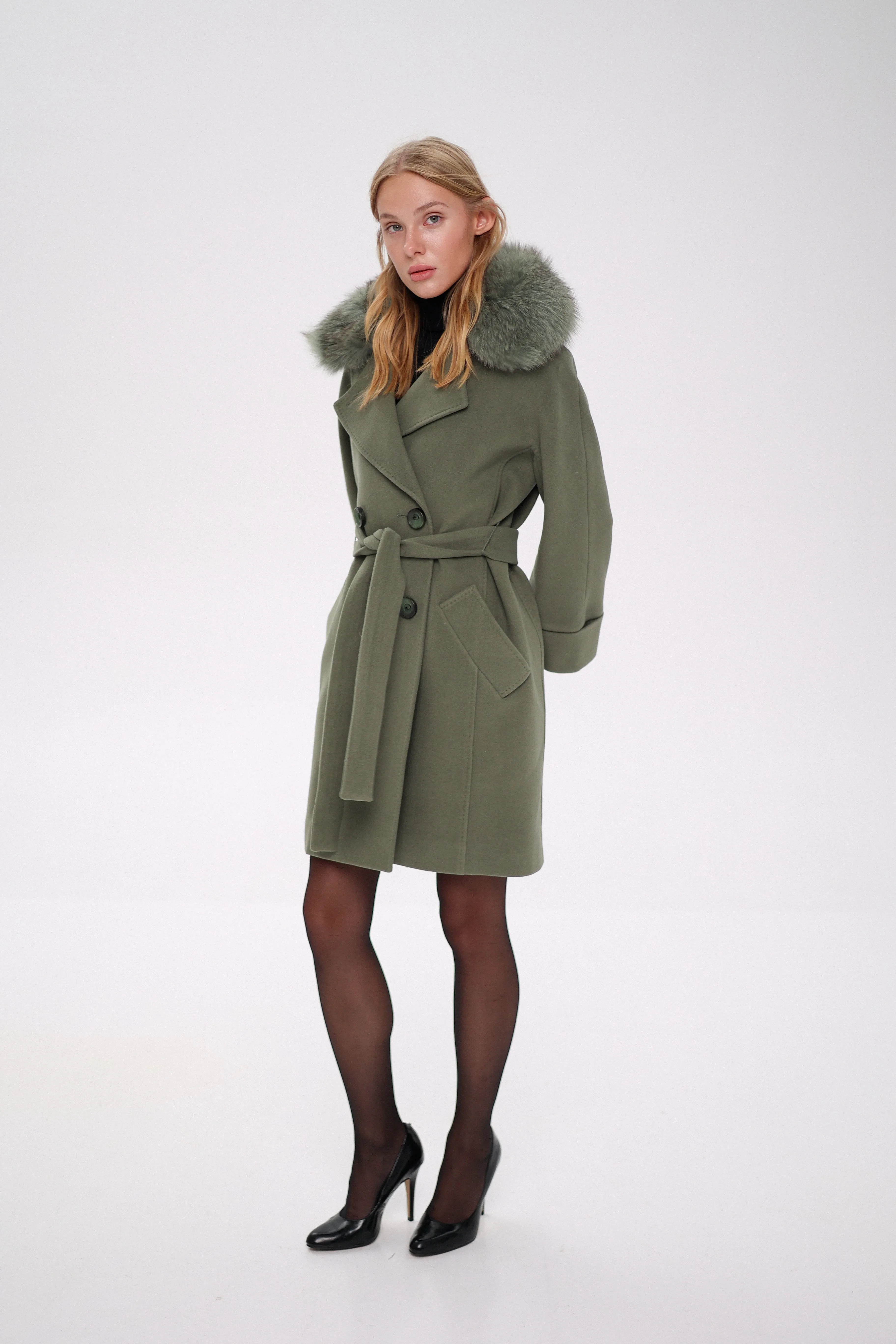 Luxury Polar Fox Tailored Cashmere Wool Coat