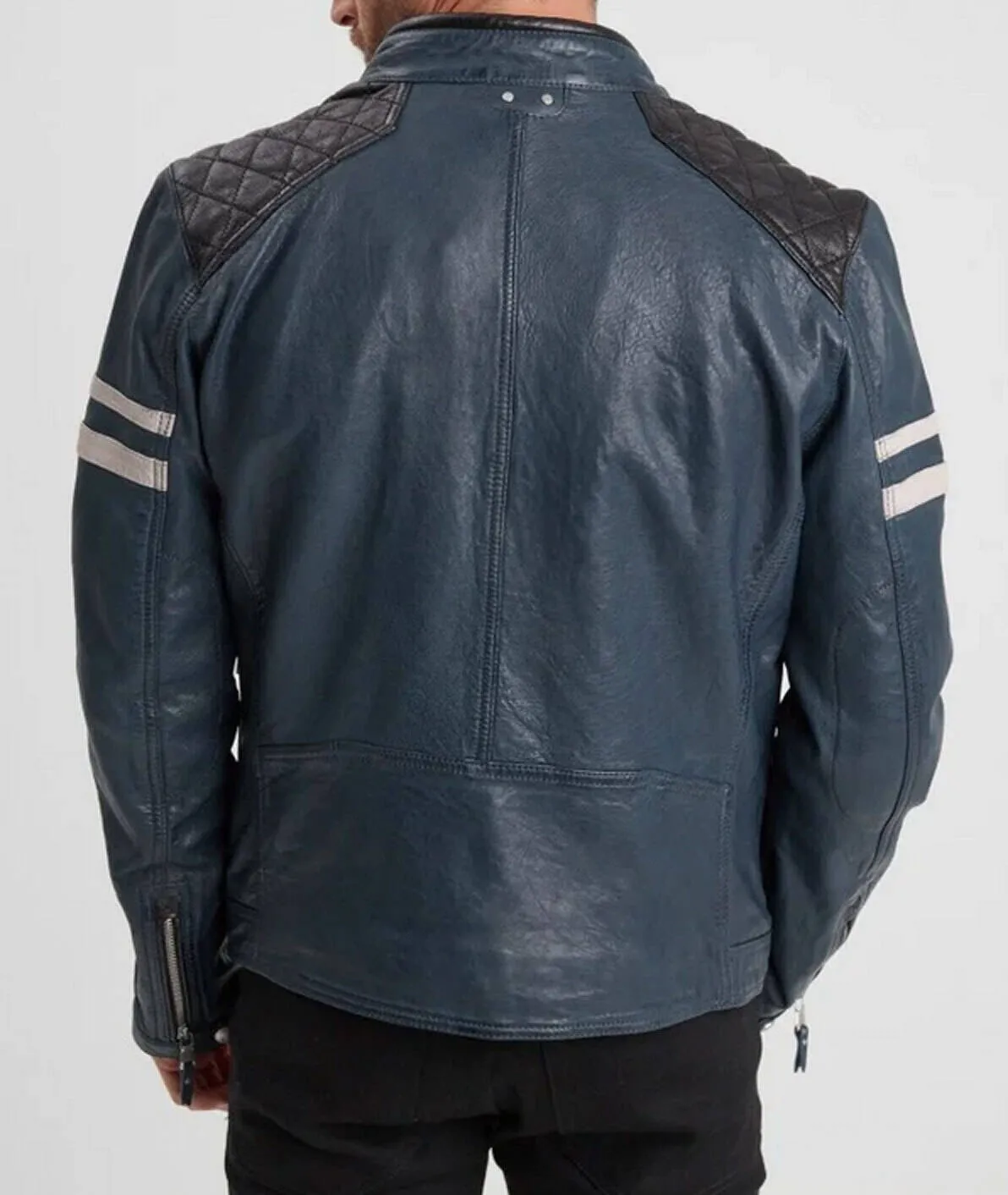 Men's Blue Motorcycle Style Hooded Leather Jacket 102555