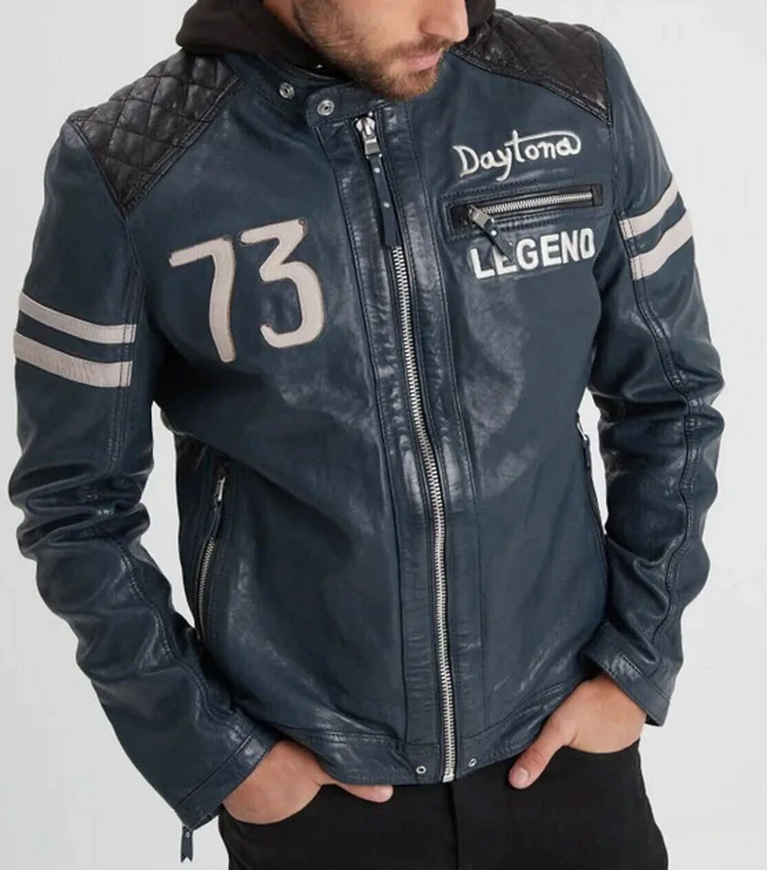 Men's Blue Motorcycle Style Hooded Leather Jacket 102555