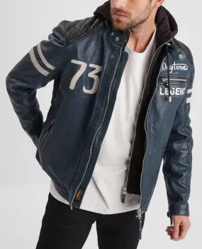 Men's Blue Motorcycle Style Hooded Leather Jacket 102555