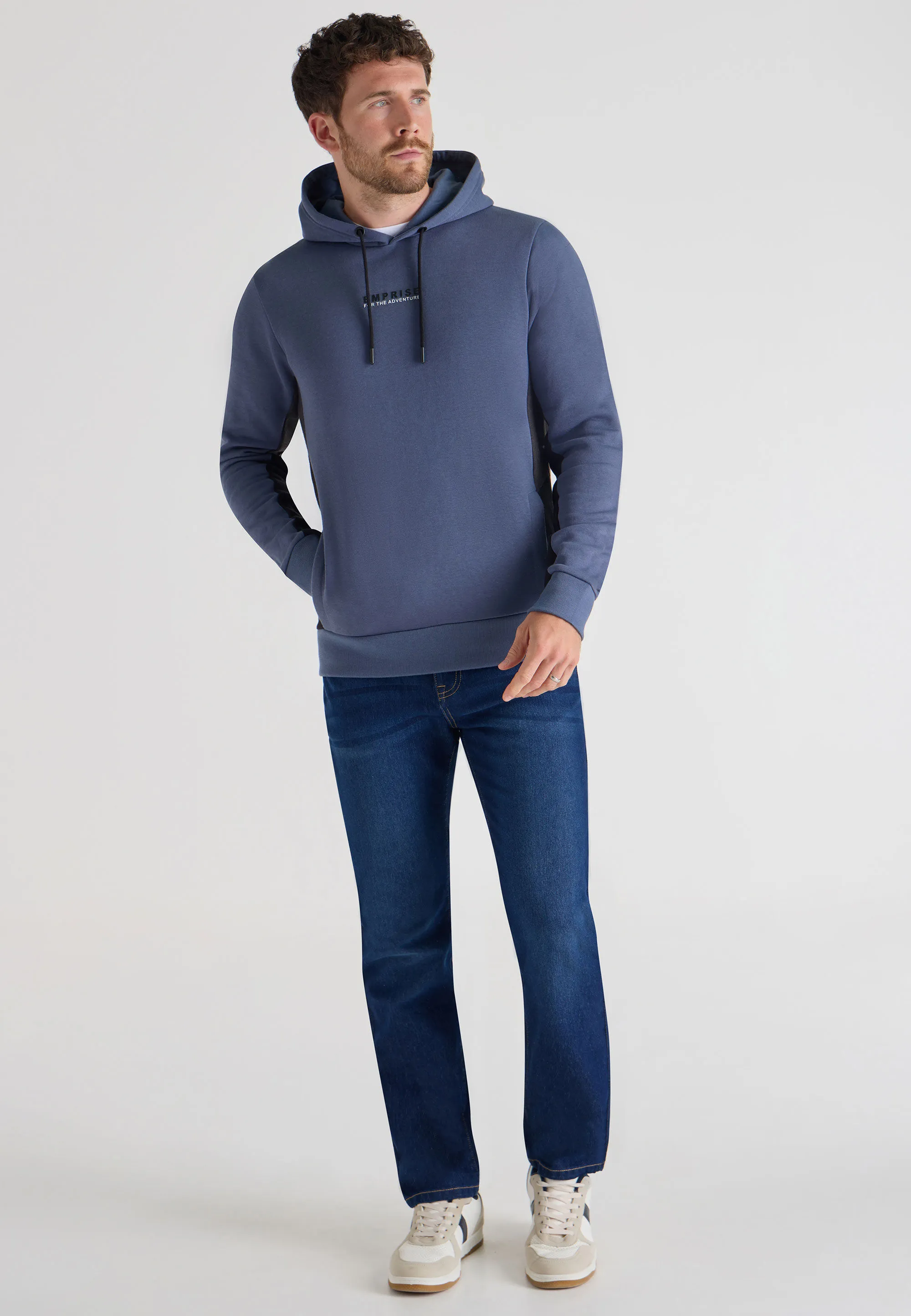 Mens Navy Panel Drawstring Hoody