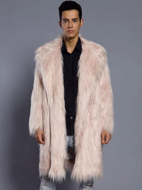 Men's Salmon Faux Fur Winter Overcoat with Turndown Collar and Long Sleeves